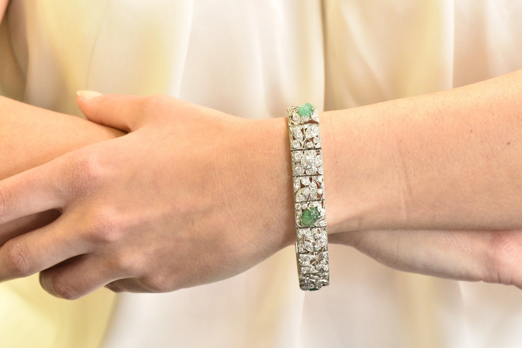 Art Deco Drosten 15.00 CTW Carved Emerald Diamond Platinum Bracelet - Image 11
