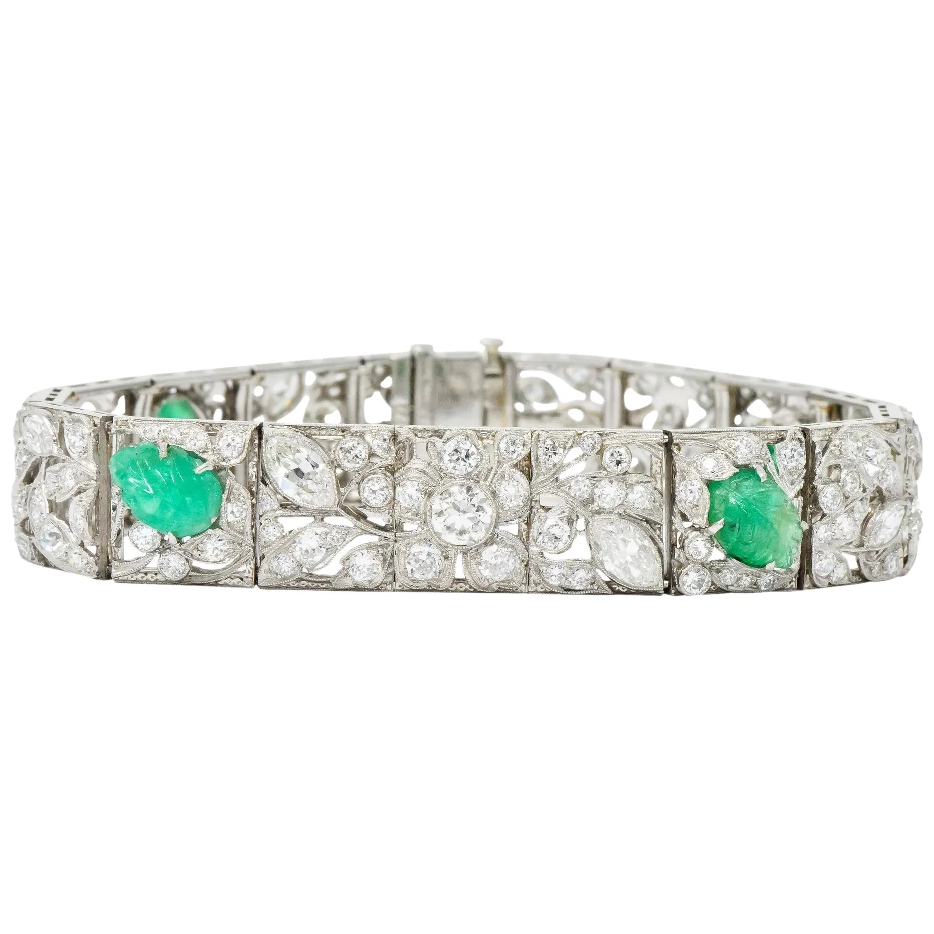 Art Deco Drosten 15.00 CTW Carved Emerald Diamond Platinum Bracelet - Image 2