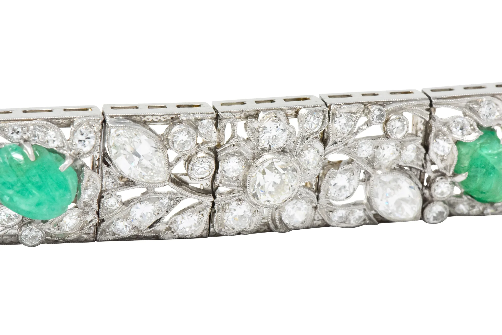 Art Deco Drosten 15.00 CTW Carved Emerald Diamond Platinum Bracelet - Image 6