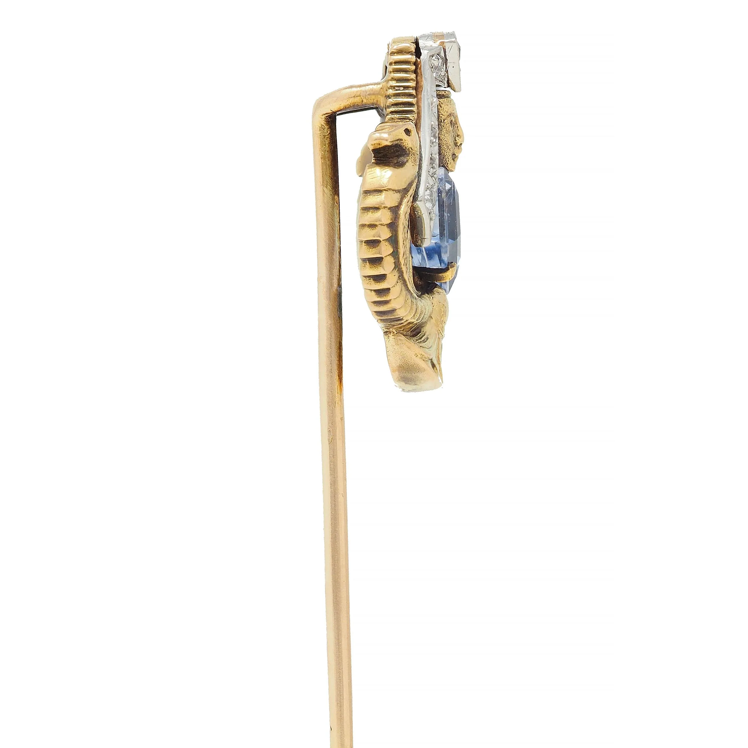 Art Deco Egyptian Revival 1.02 CTW Sapphire Diamond Platinum 18 Karat Gold Antique Stickpin - Image 3