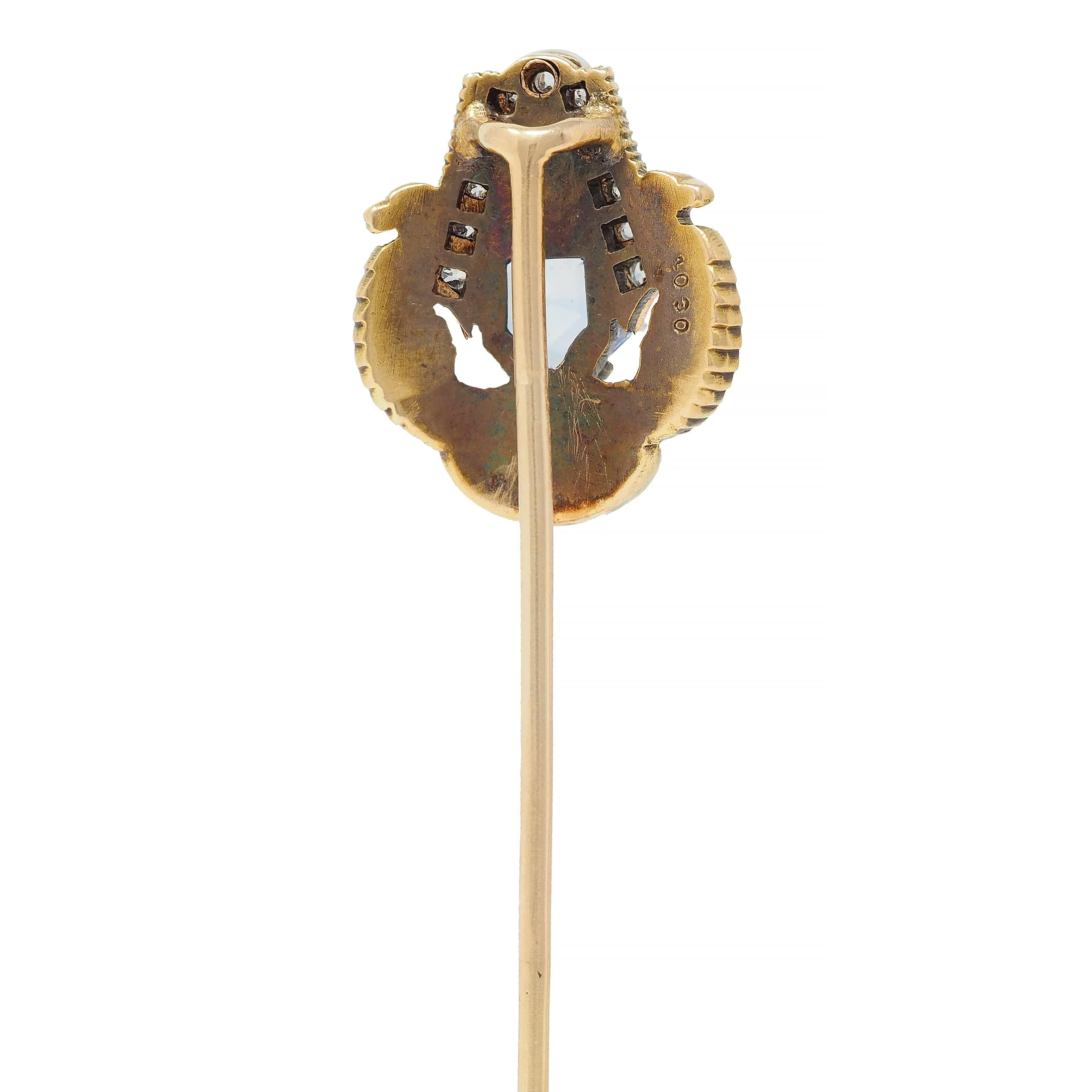 Art Deco Egyptian Revival 1.02 CTW Sapphire Diamond Platinum 18 Karat Gold Antique Stickpin - Image 4
