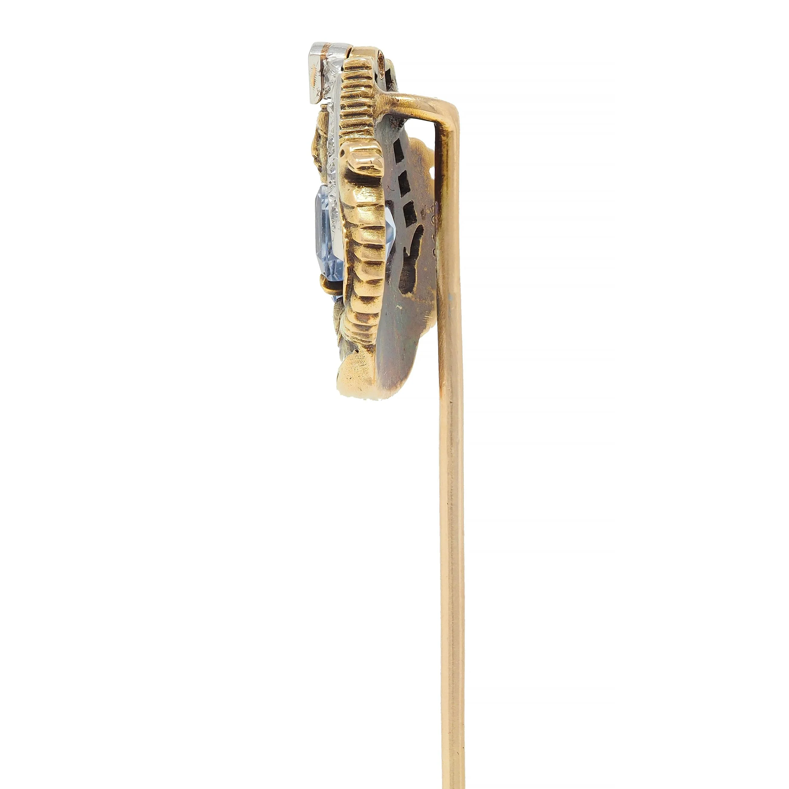 Art Deco Egyptian Revival 1.02 CTW Sapphire Diamond Platinum 18 Karat Gold Antique Stickpin - Image 5