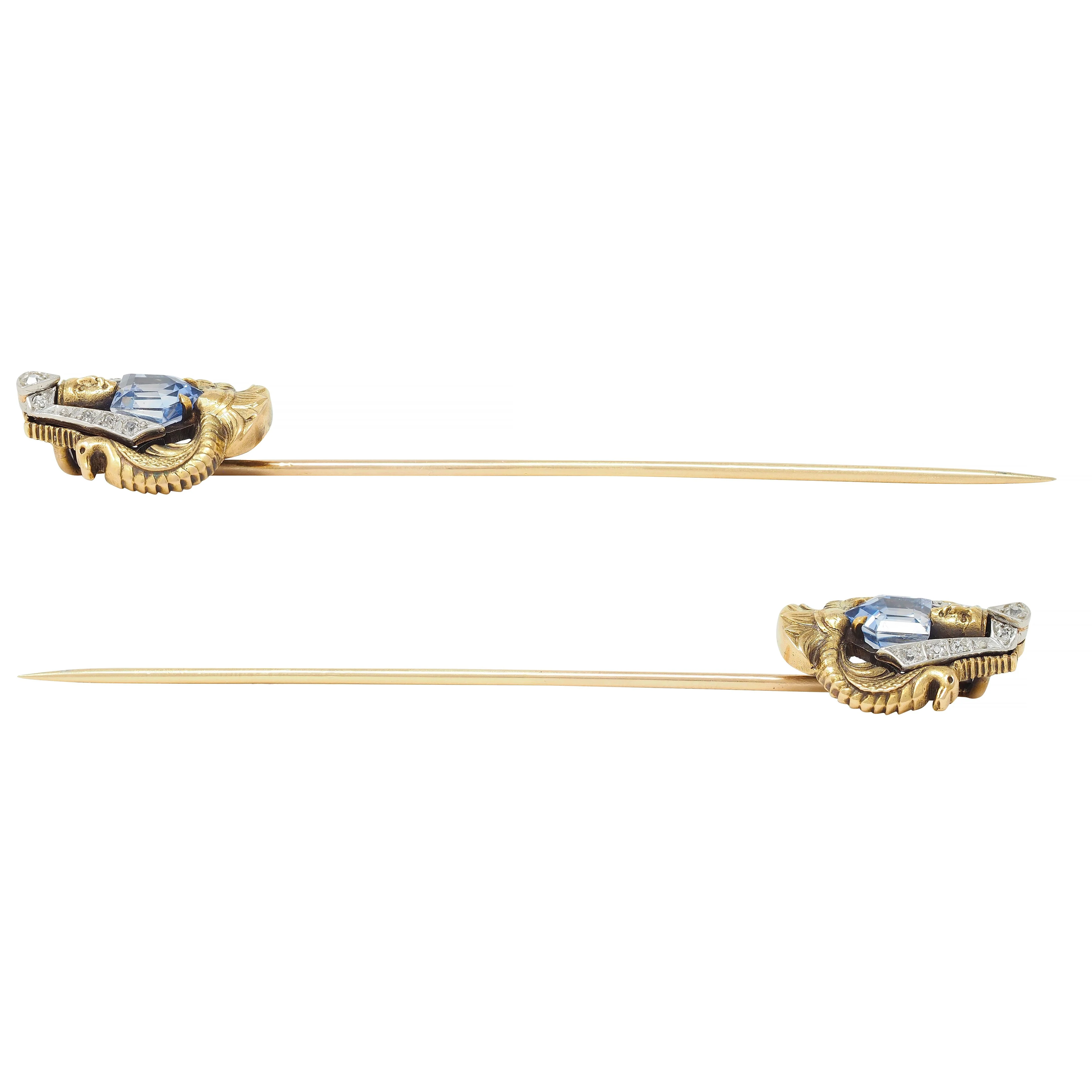 Art Deco Egyptian Revival 1.02 CTW Sapphire Diamond Platinum 18 Karat Gold Antique Stickpin - Image 7