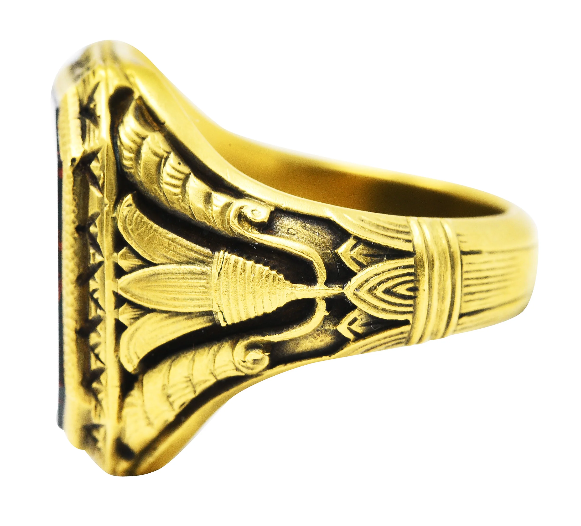 Art Deco Egyptian Revival Bloodstone 14 Karat Gold Lotus Signet Unisex Ring - Image 5