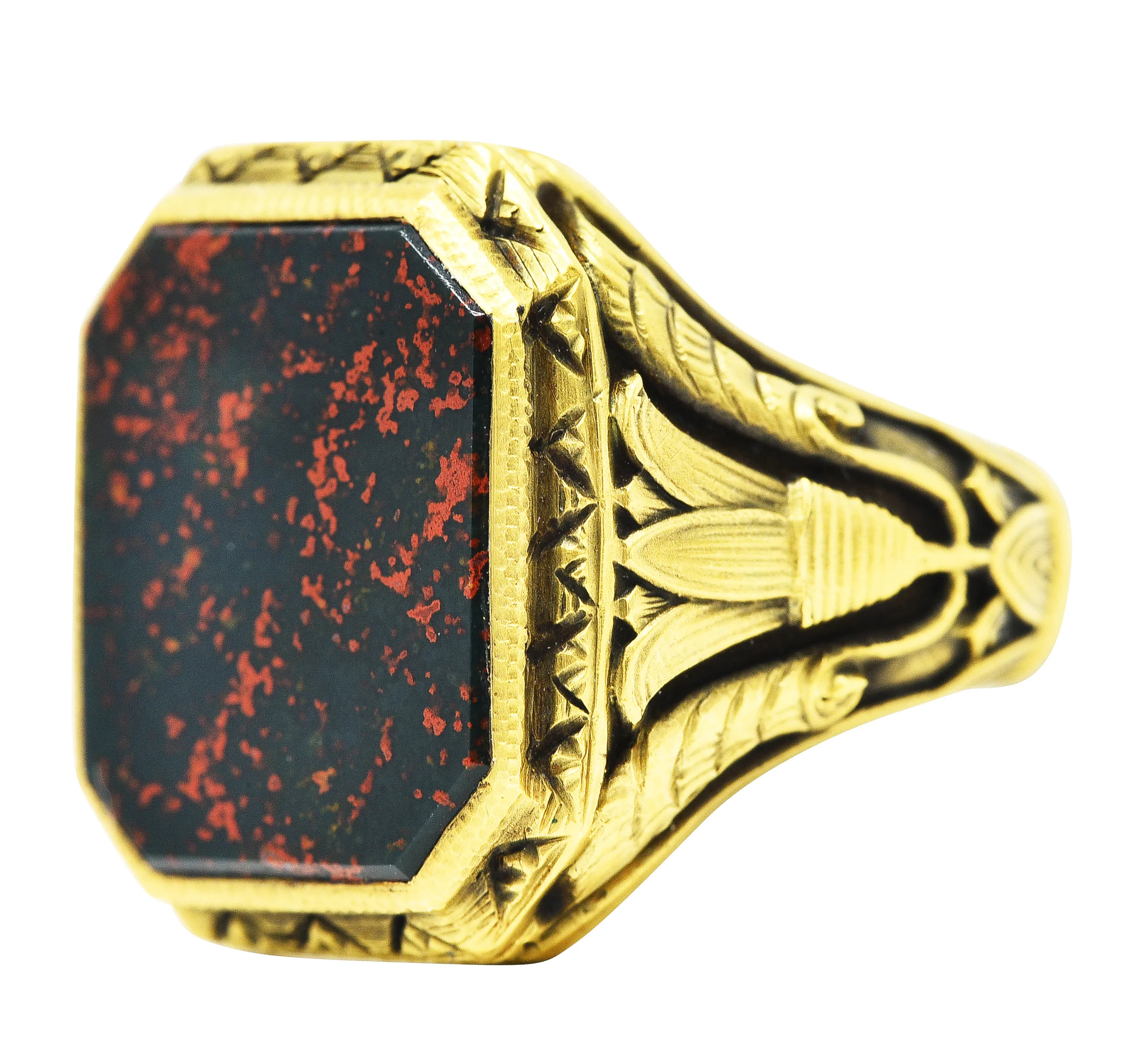 Art Deco Egyptian Revival Bloodstone 14 Karat Gold Lotus Signet Unisex Ring - Image 6