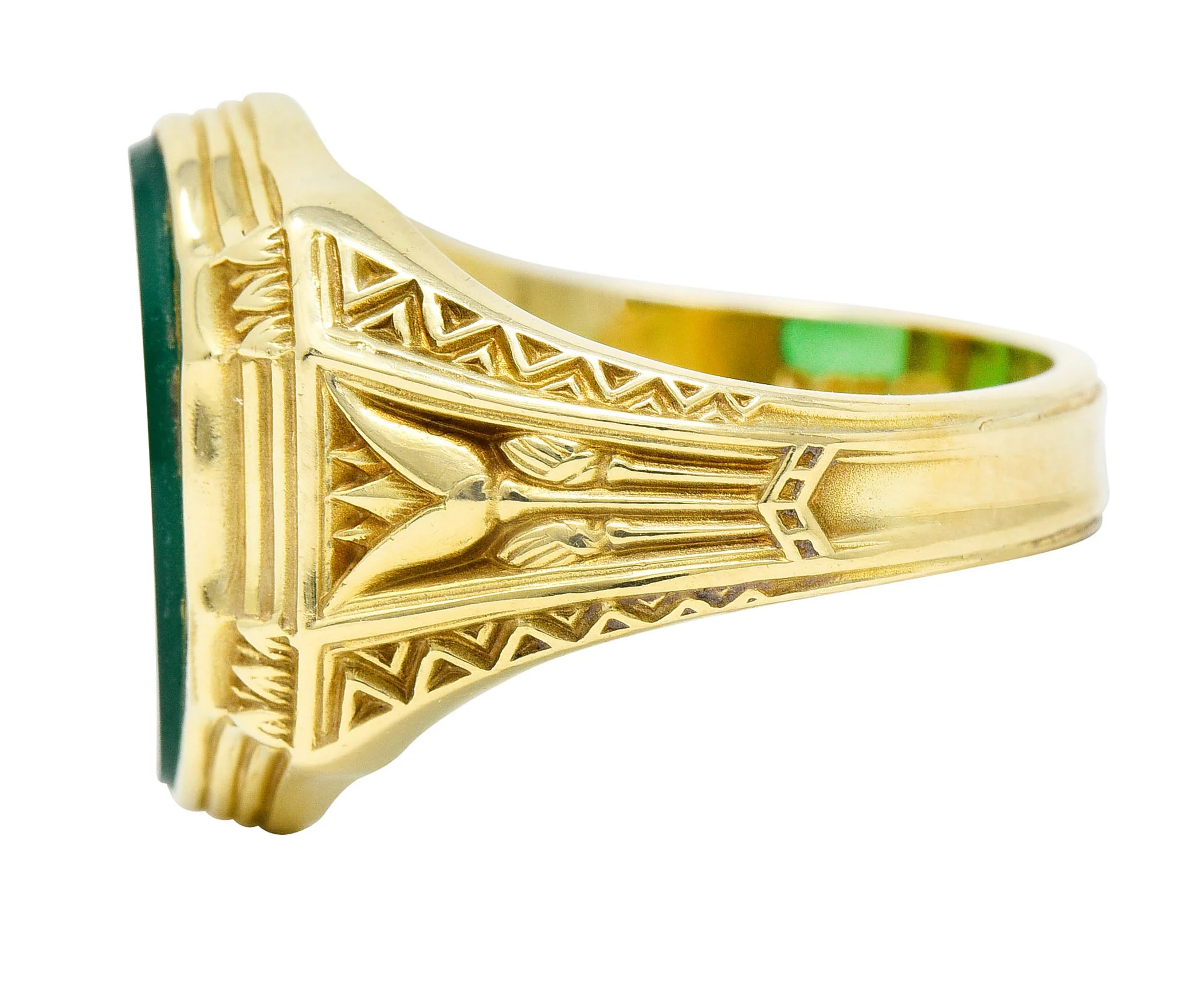 Art Deco Egyptian Revival Chrysoprase 14 Karat Gold Lotus Unisex Signet Ring - Image 6