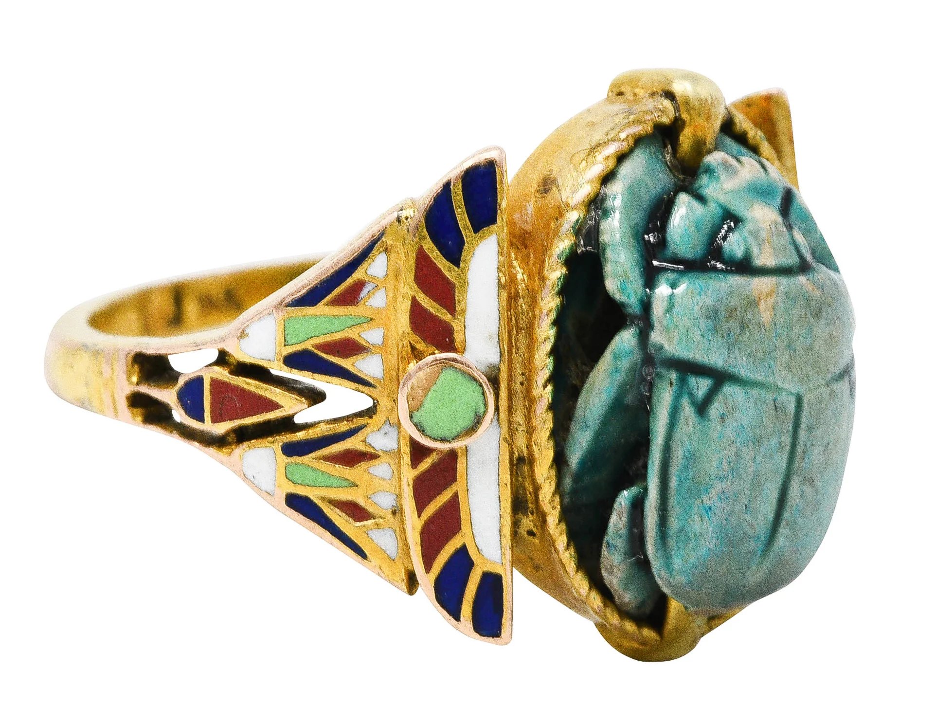 Art Deco Egyptian Revival Enamel Hardstone 14 Karat Gold Scarab Ring - Image 2