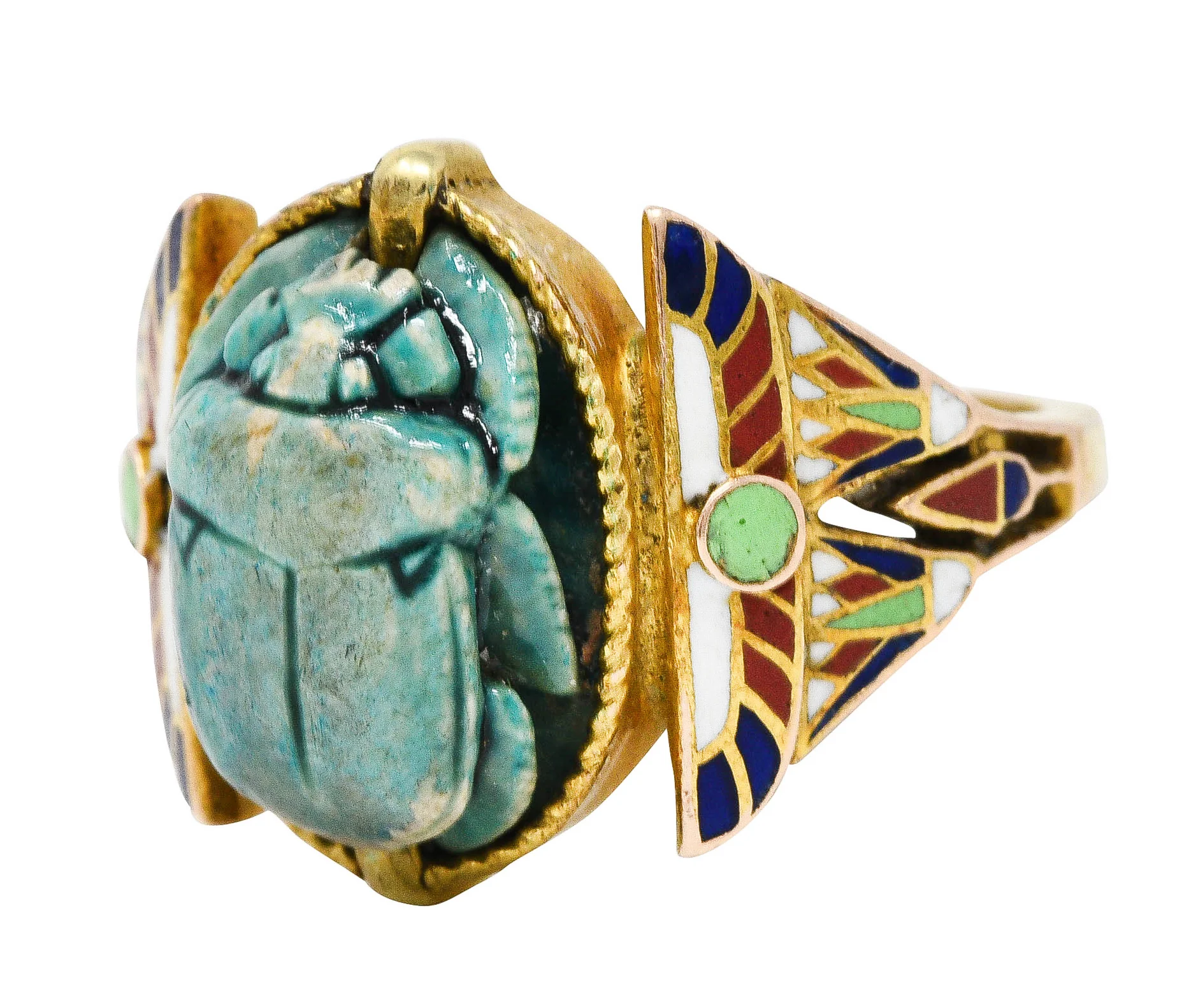 Art Deco Egyptian Revival Enamel Hardstone 14 Karat Gold Scarab Ring - Image 6