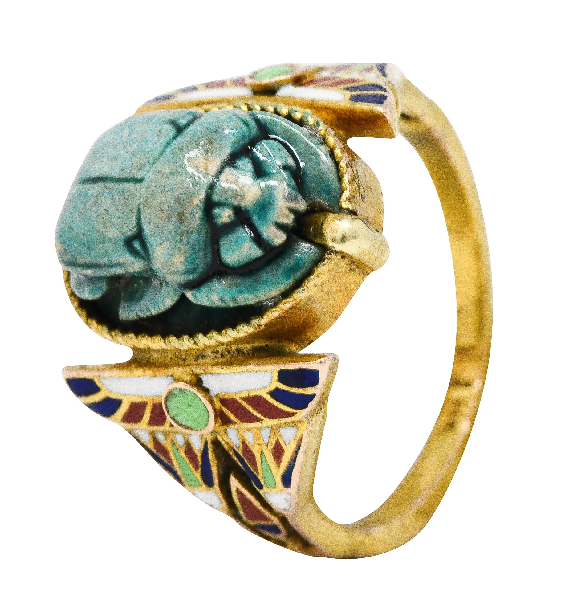 Art Deco Egyptian Revival Enamel Hardstone 14 Karat Gold Scarab Ring - Image 9