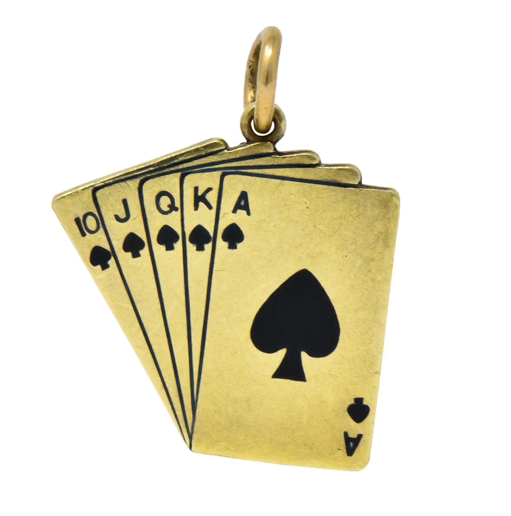 Art Deco Enamel 14 Karat Gold Playing Cards Charm in Spades