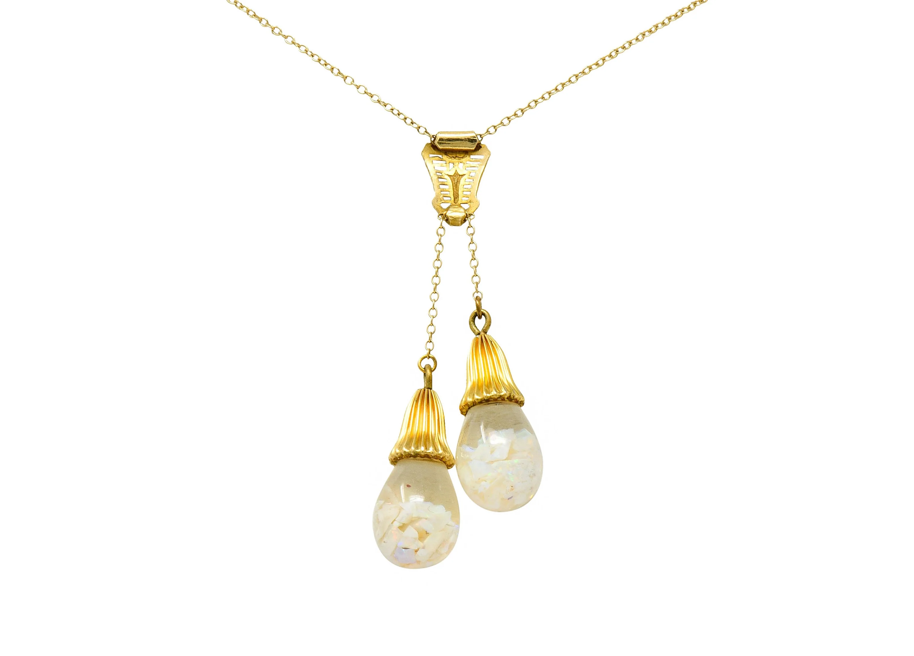 Art Deco Floating Opal 14 Karat Gold Double Drop Necklace - Image 8