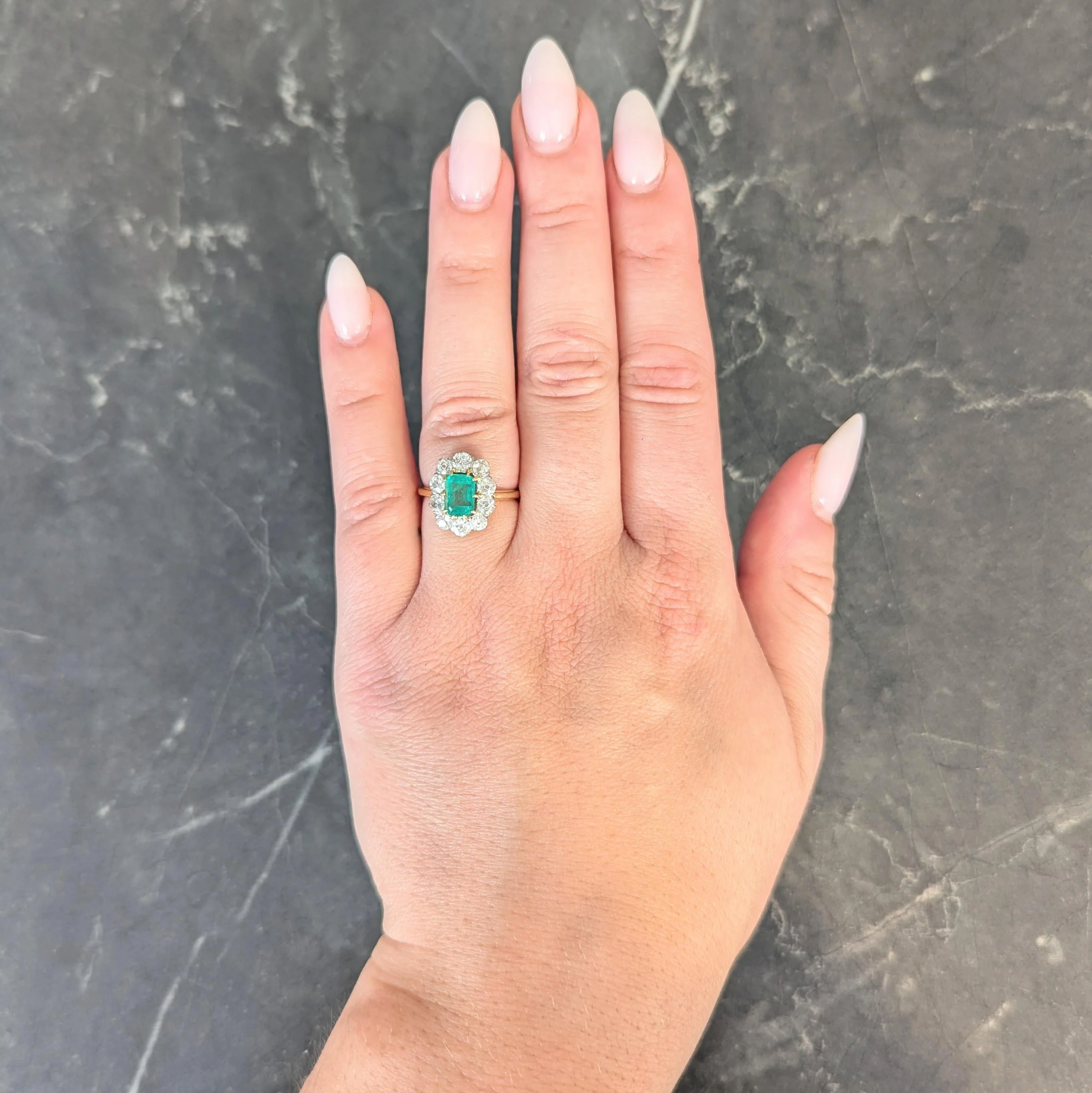 Art Deco French 2.15 CTW Emerald Diamond Platinum 18 Karat Gold Vintage Halo Ring GIA - Image 2