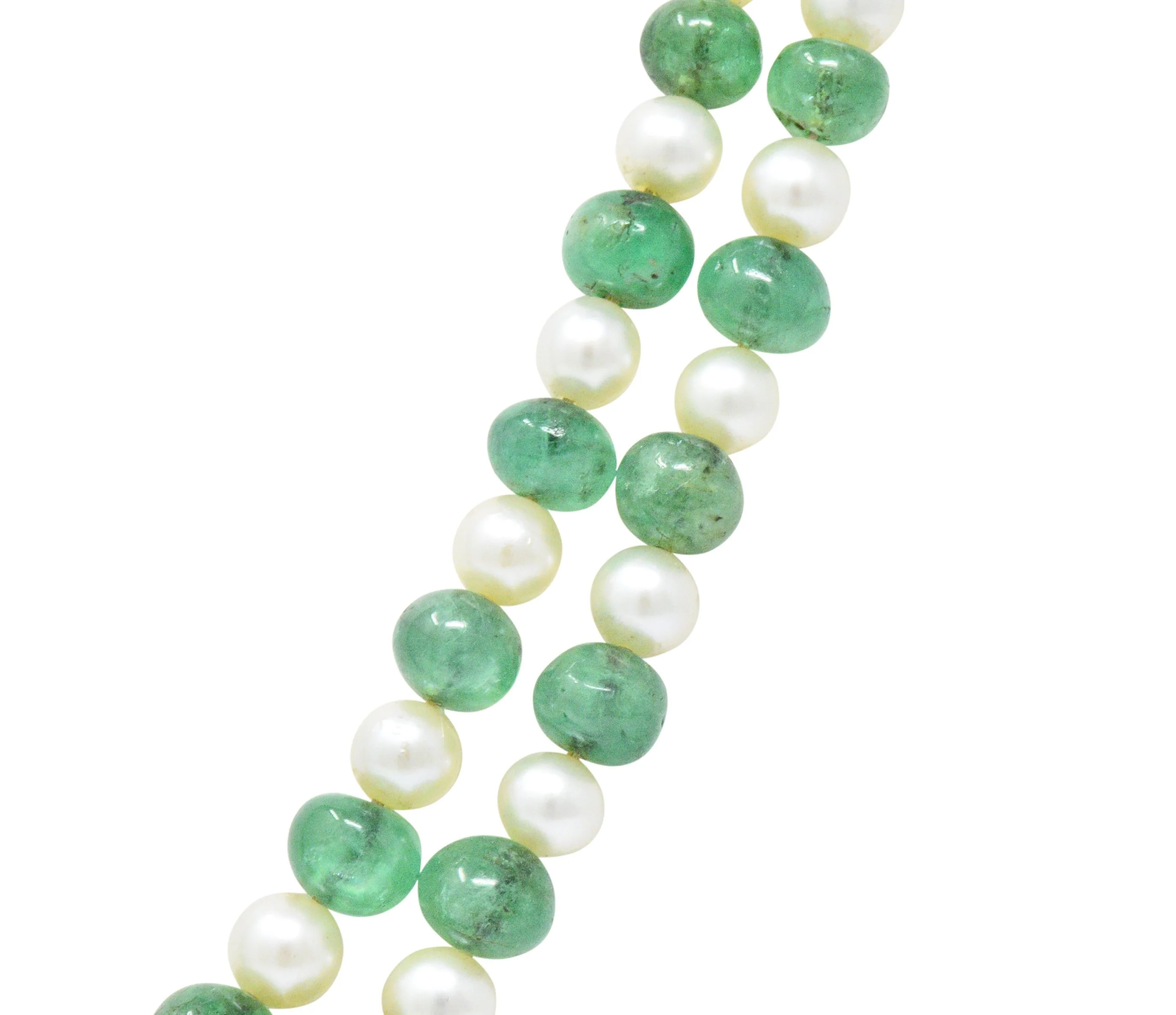 Art Deco French Diamond Emerald Cultured Pearl Platinum Double Strand Necklace - Image 3