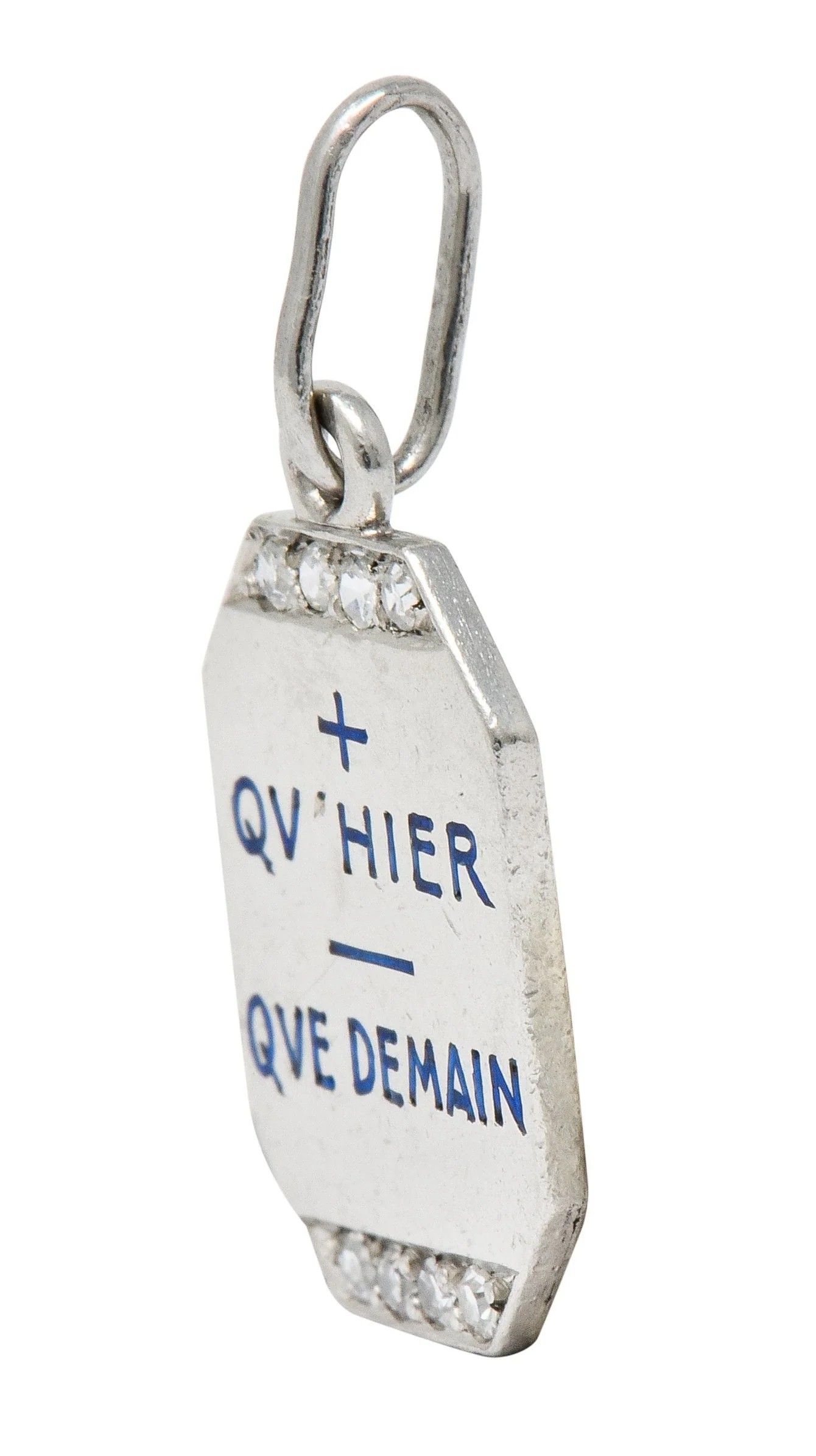 Art Deco French Enamel Diamond Platinum Qu Hier Que Demain Love Poem Charm - Image 2