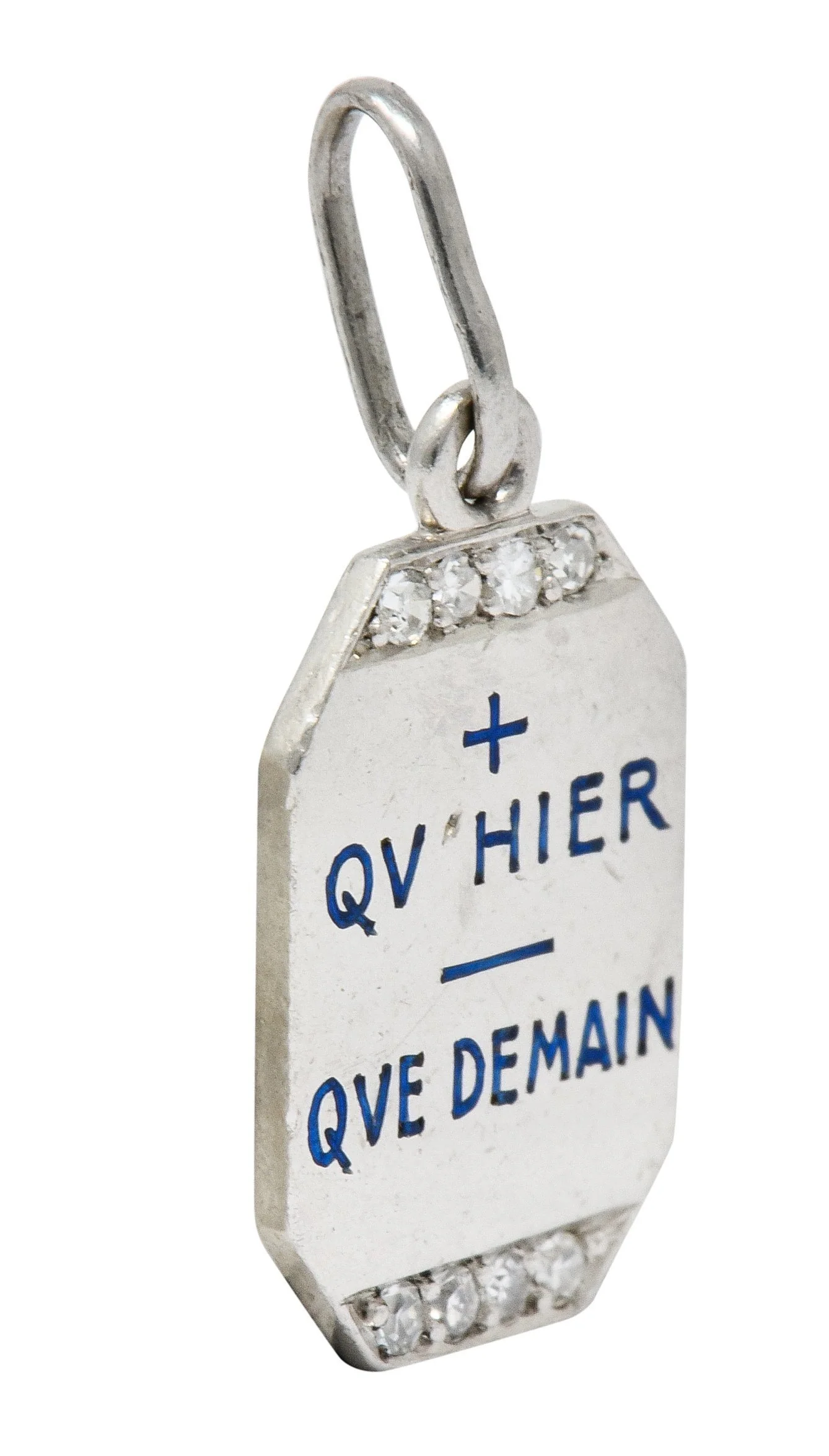 Art Deco French Enamel Diamond Platinum Qu Hier Que Demain Love Poem Charm - Image 3
