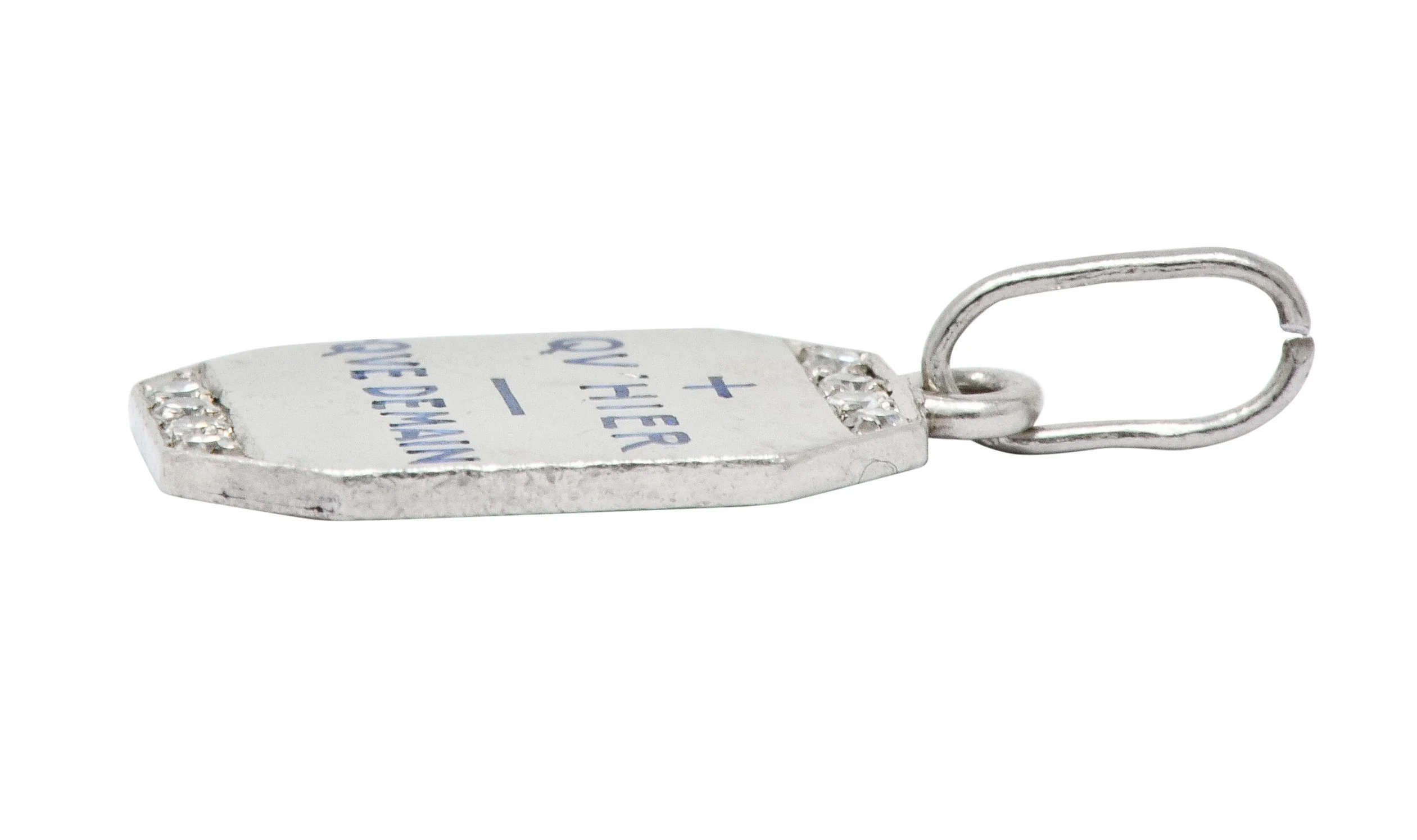 Art Deco French Enamel Diamond Platinum Qu Hier Que Demain Love Poem Charm - Image 5