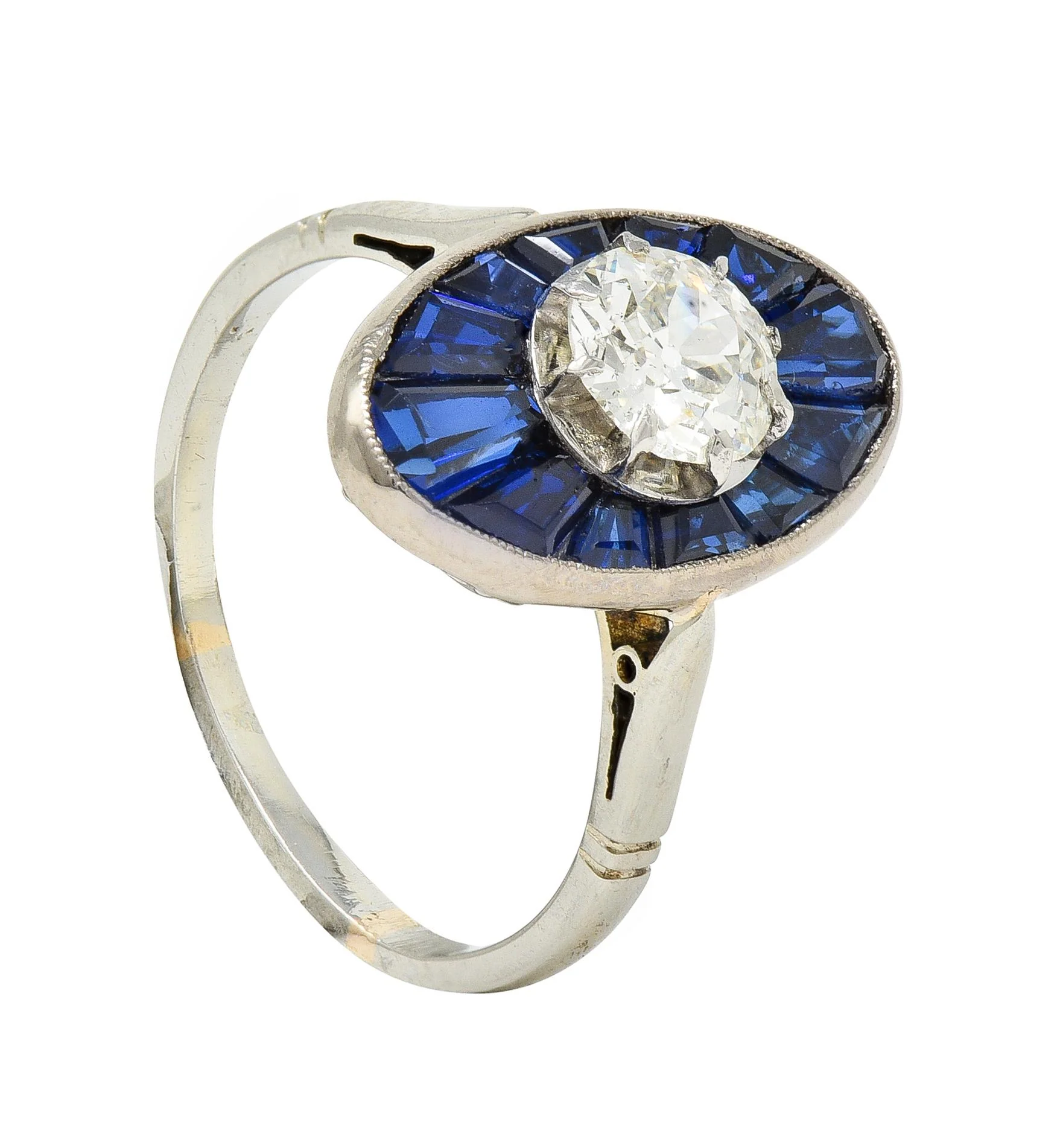 Art Deco French Old European Cut Diamond 18 Karat Gold Sapphire Halo Vintage Dinner Ring - Image 11