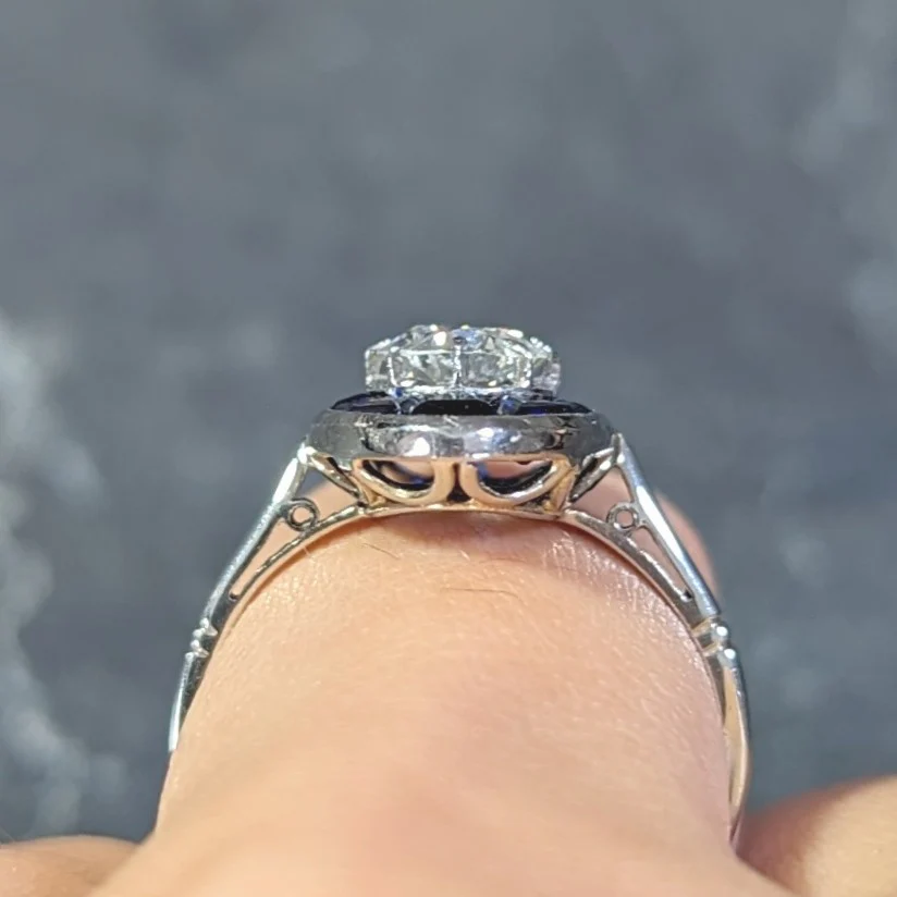 Art Deco French Old European Cut Diamond 18 Karat Gold Sapphire Halo Vintage Dinner Ring - Image 13