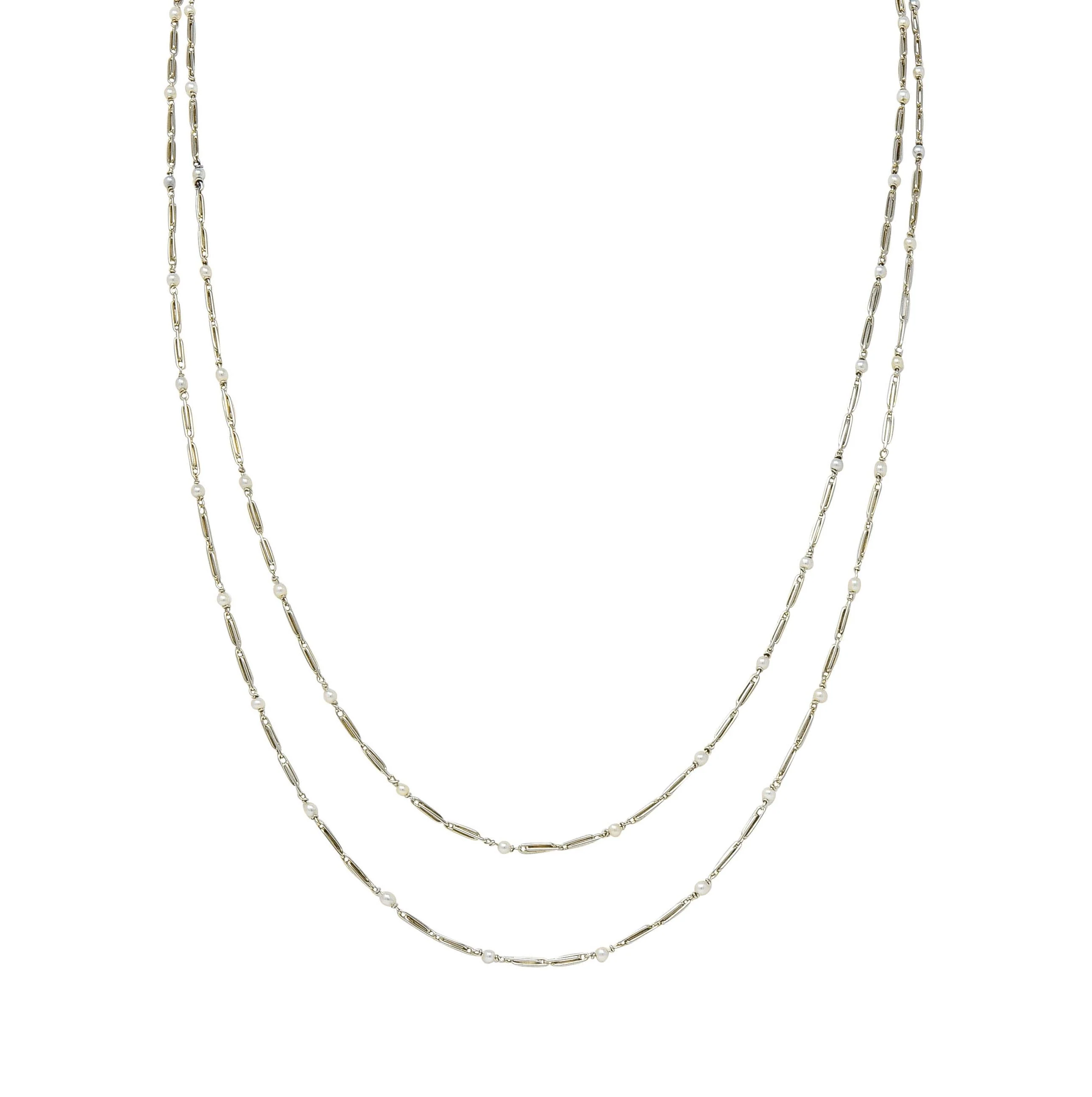 Art Deco French Pearl 18 Karat White Gold Vintage Paperclip Link Station 57" Long Chain Necklace