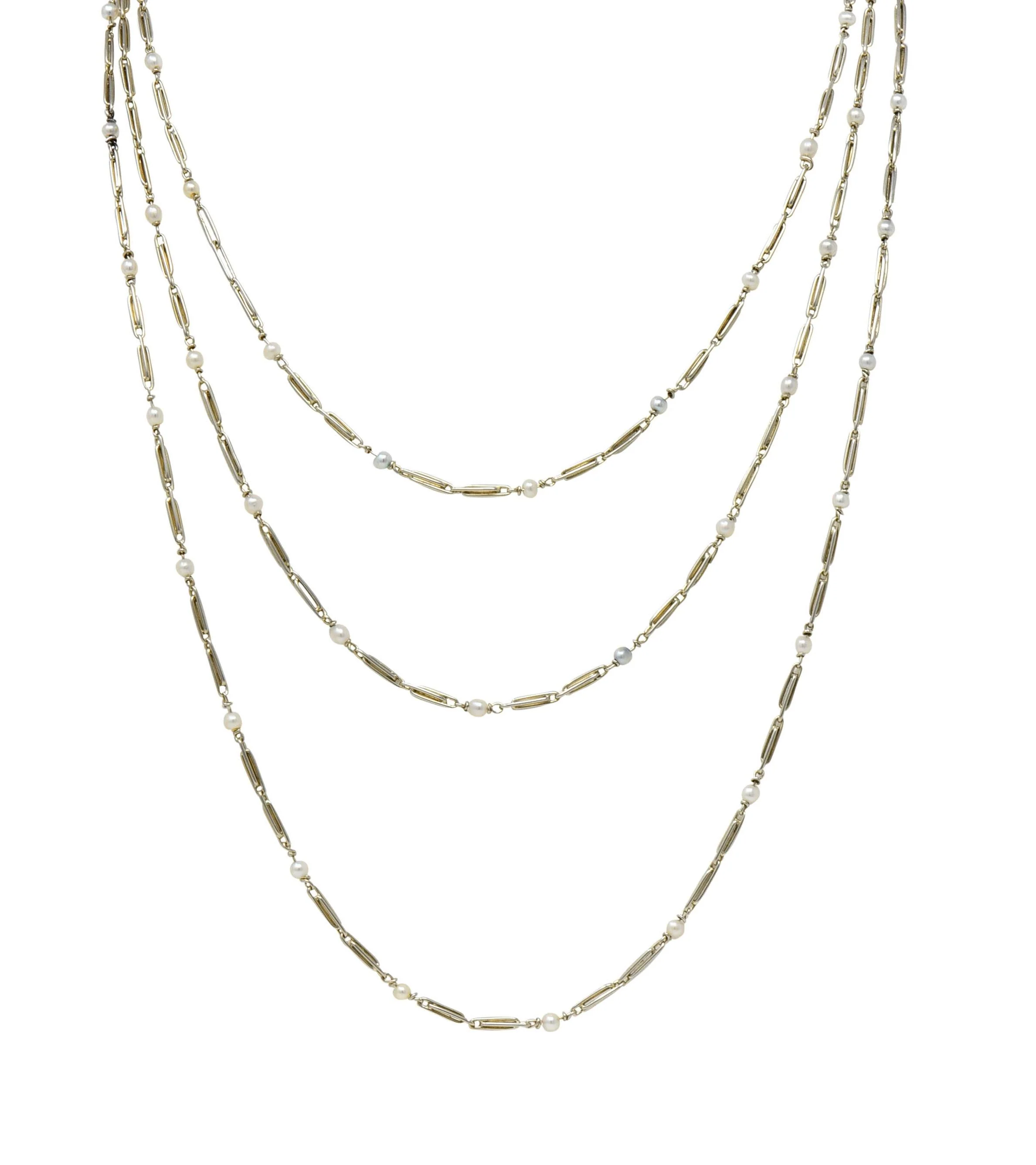 Art Deco French Pearl 18 Karat White Gold Vintage Paperclip Link Station 57" Long Chain Necklace - Image 4