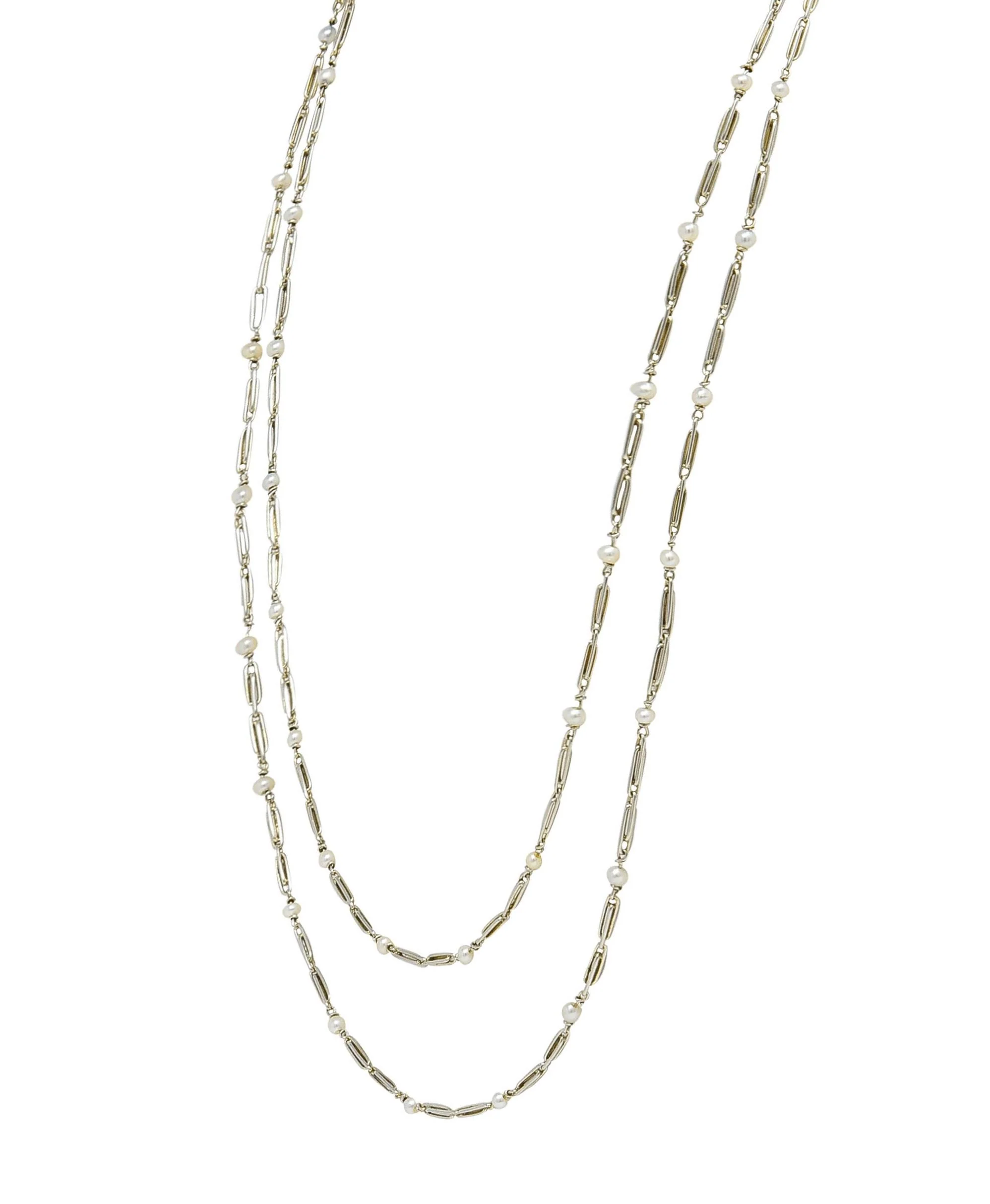 Art Deco French Pearl 18 Karat White Gold Vintage Paperclip Link Station 57" Long Chain Necklace - Image 5