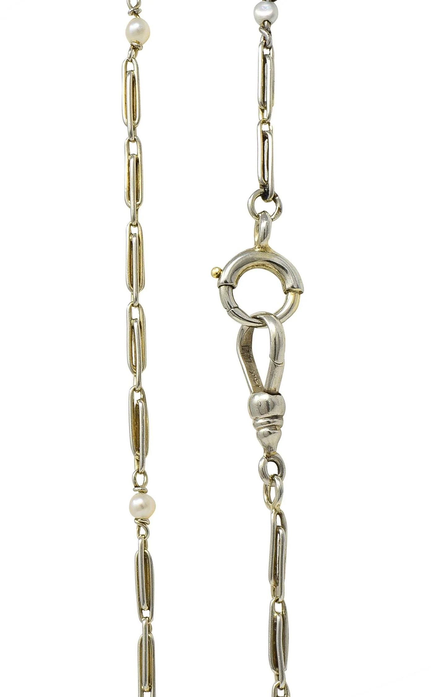 Art Deco French Pearl 18 Karat White Gold Vintage Paperclip Link Station 57" Long Chain Necklace - Image 7