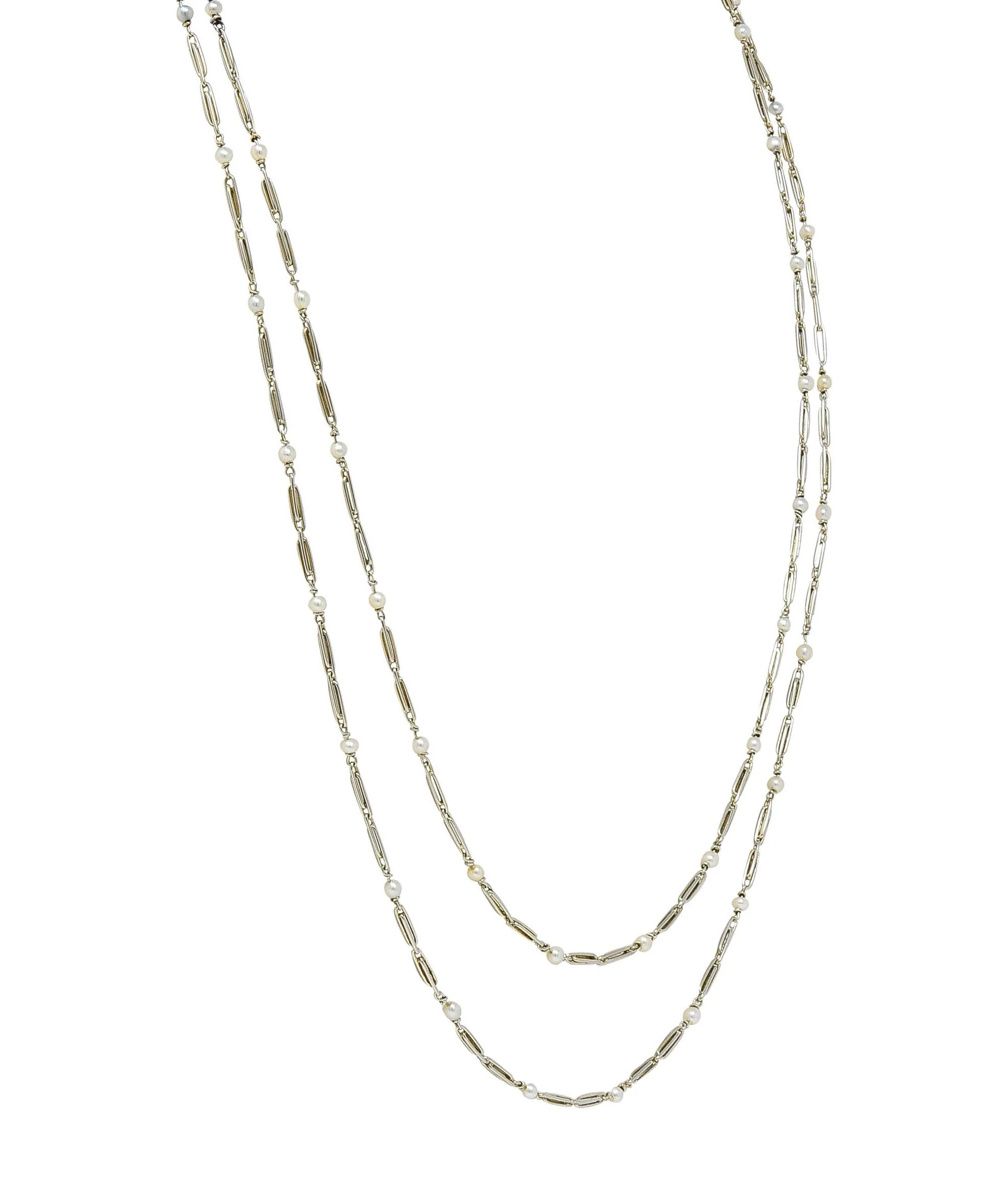 Art Deco French Pearl 18 Karat White Gold Vintage Paperclip Link Station 57" Long Chain Necklace - Image 8