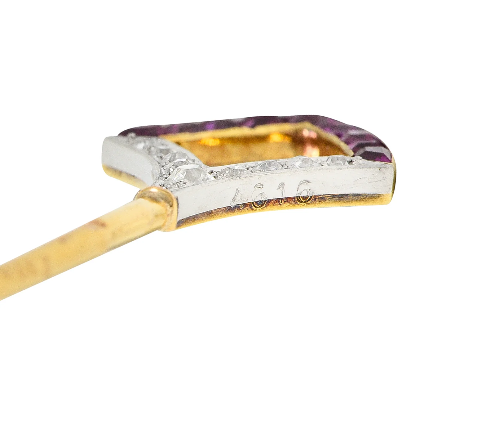 Art Deco French Ruby Diamond Platinum 18 Karat Yellow Gold Shield Stickpin - Image 5