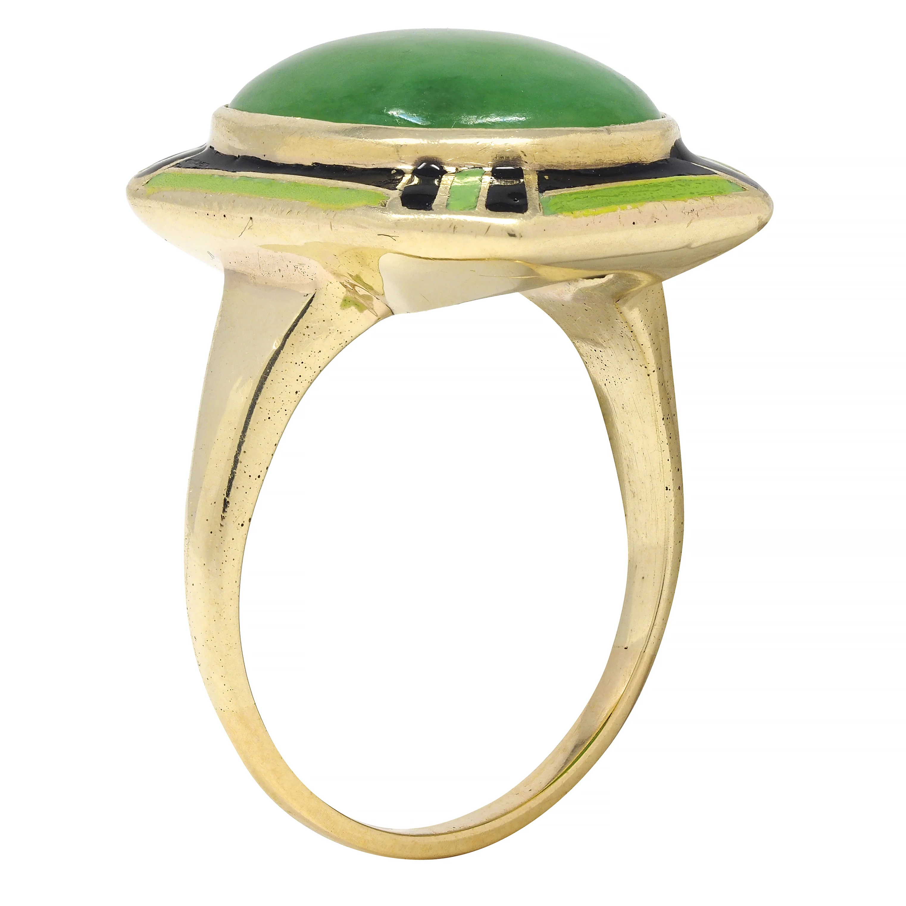 Art Deco Jade Cabochon Enamel 14 Karat Yellow Gold Dinner Ring - Image 2