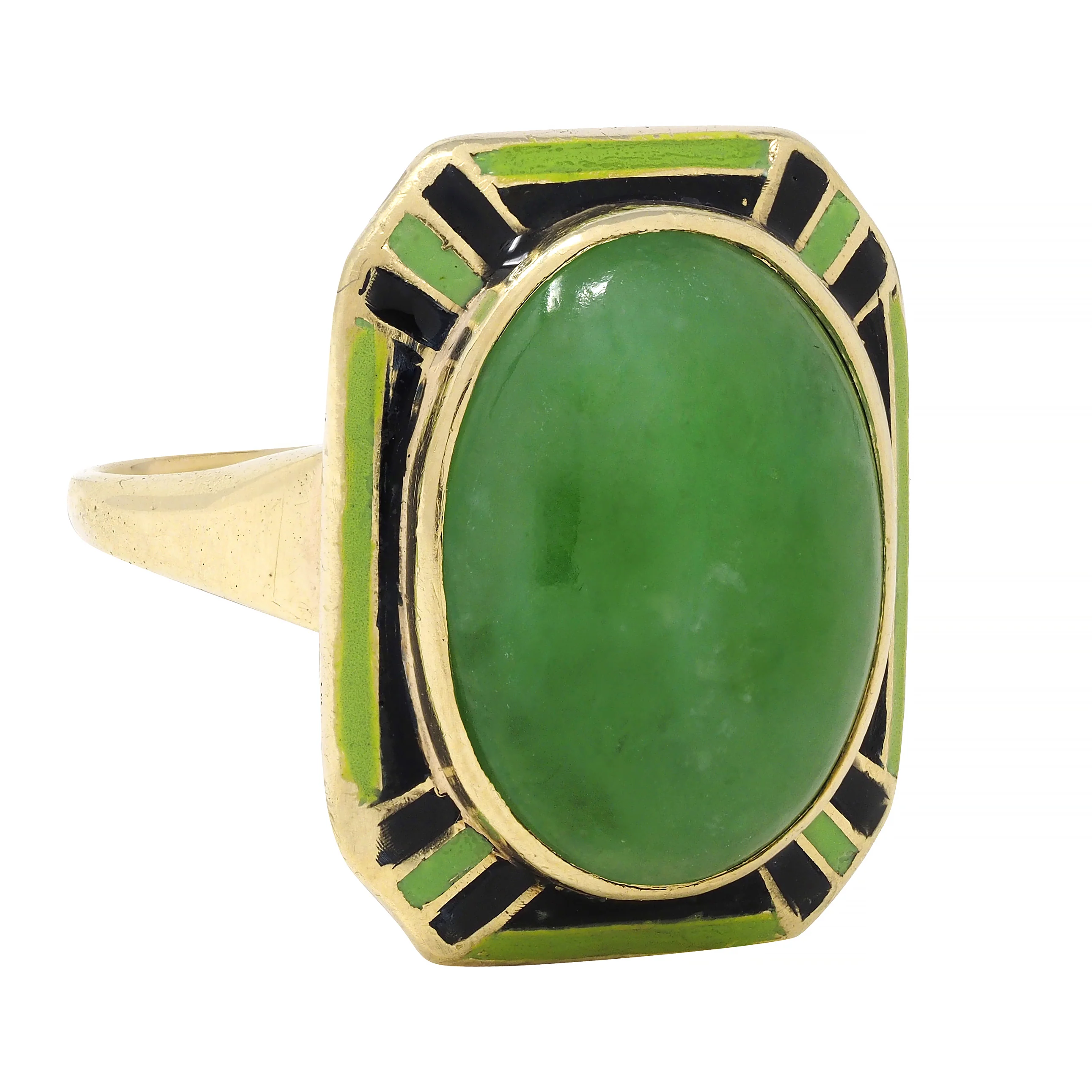 Art Deco Jade Cabochon Enamel 14 Karat Yellow Gold Dinner Ring - Image 3