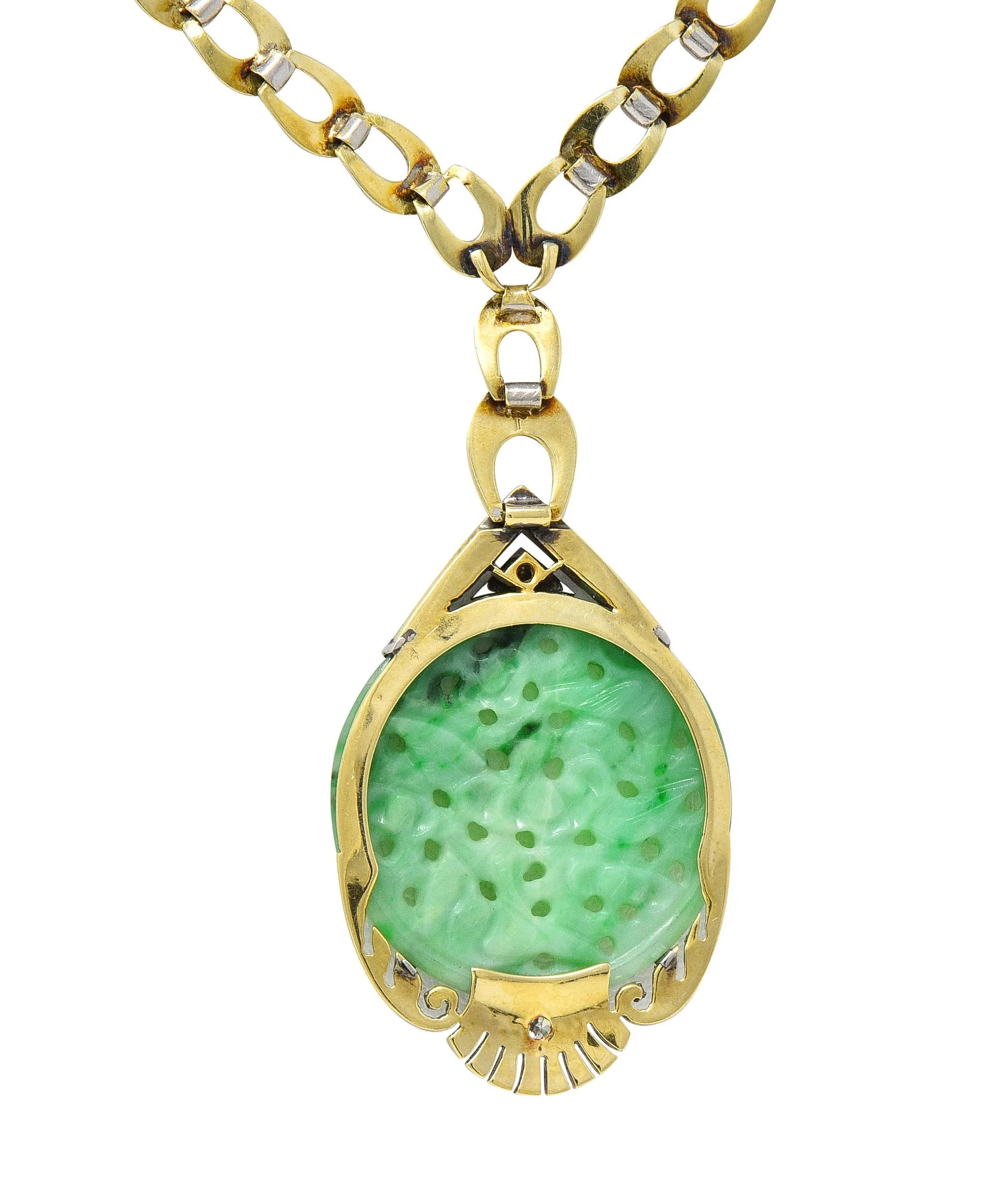 Art Deco Jade Diamond Platinum 14 Karat Gold Bird Drop Antique Necklace - Image 11