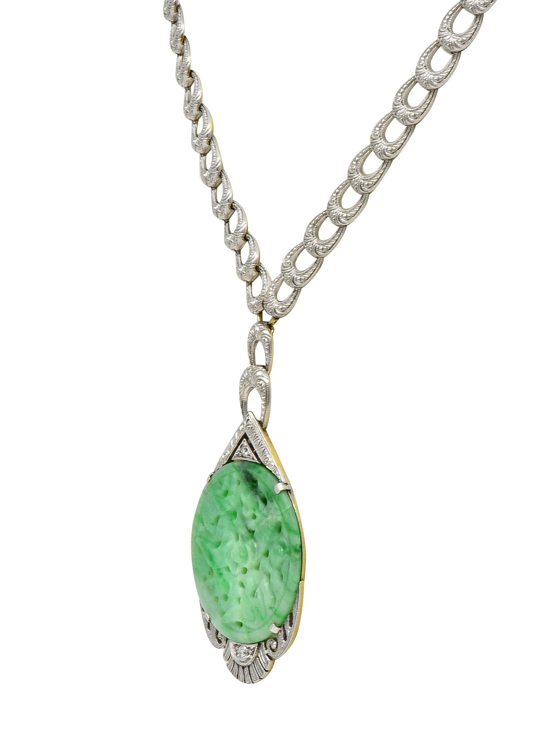 Art Deco Jade Diamond Platinum 14 Karat Gold Bird Drop Antique Necklace - Image 4