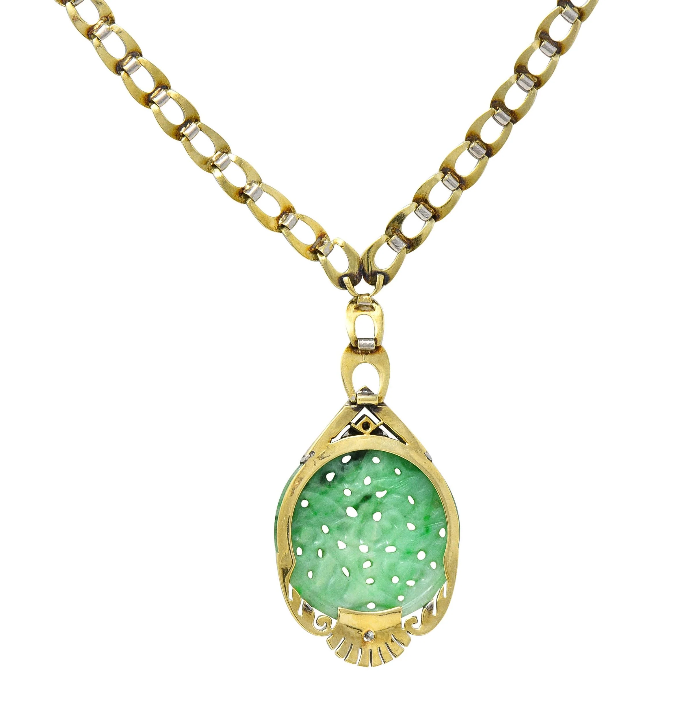 Art Deco Jade Diamond Platinum 14 Karat Gold Bird Drop Antique Necklace - Image 5