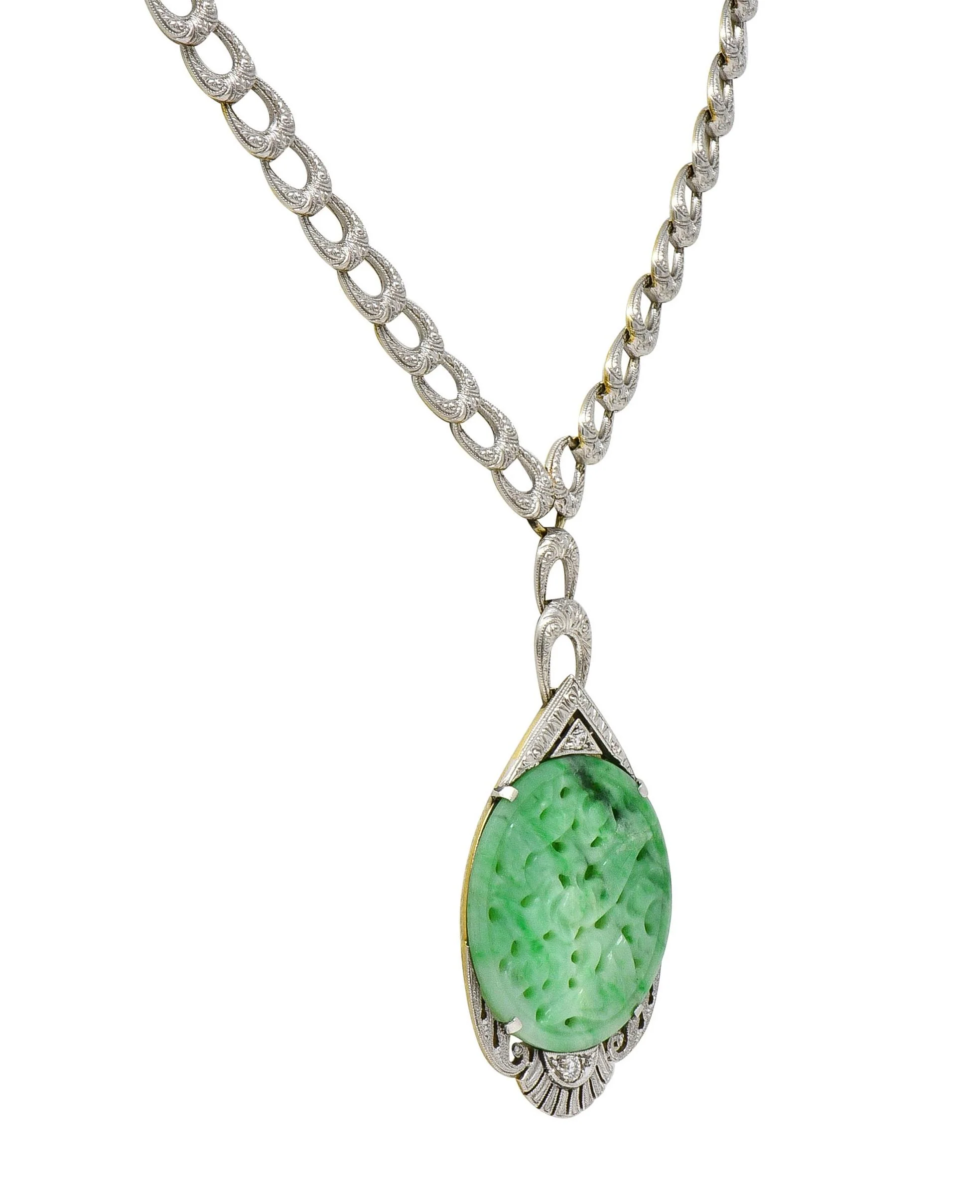 Art Deco Jade Diamond Platinum 14 Karat Gold Bird Drop Antique Necklace - Image 6