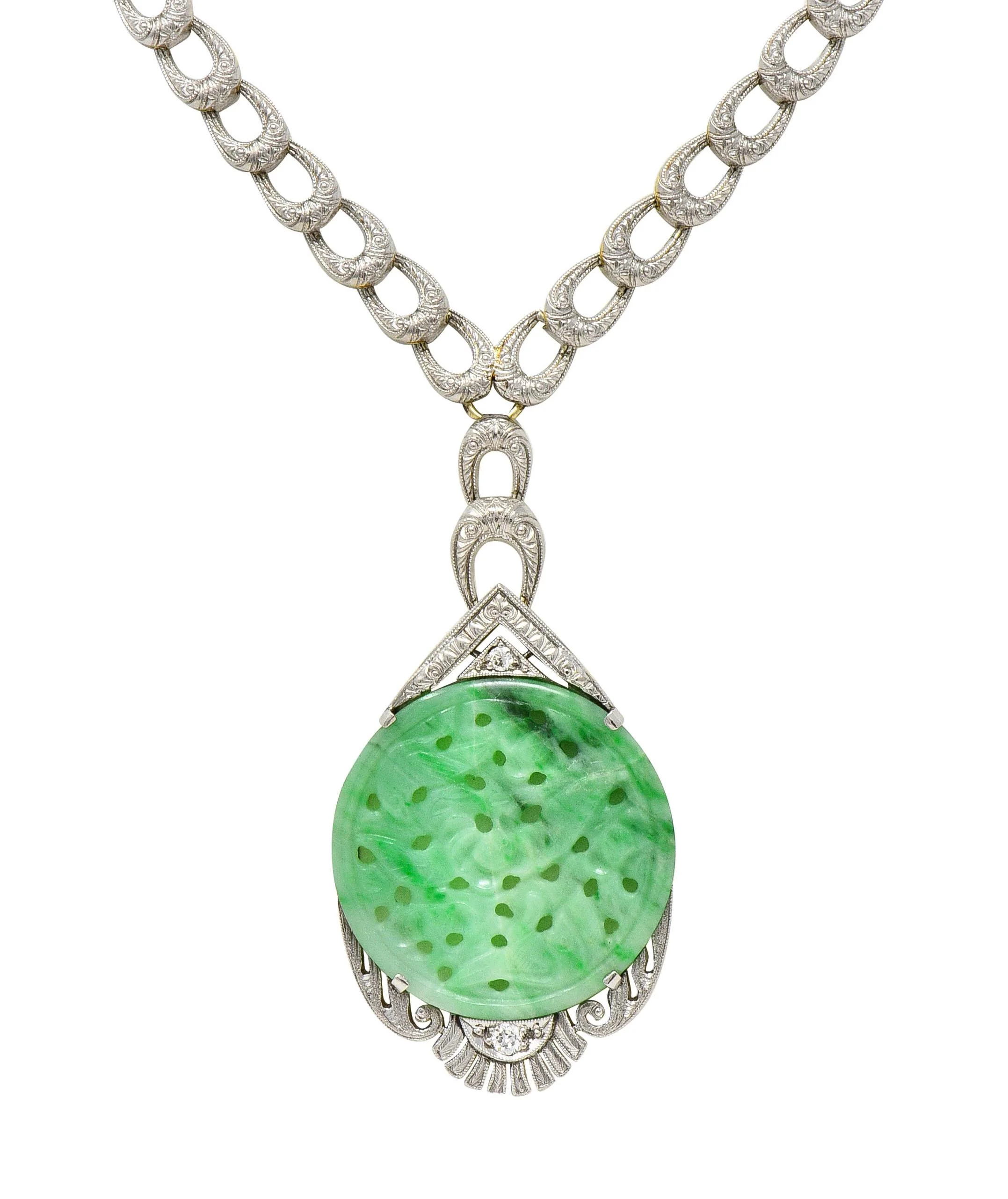 Art Deco Jade Diamond Platinum 14 Karat Gold Bird Drop Antique Necklace - Image 7