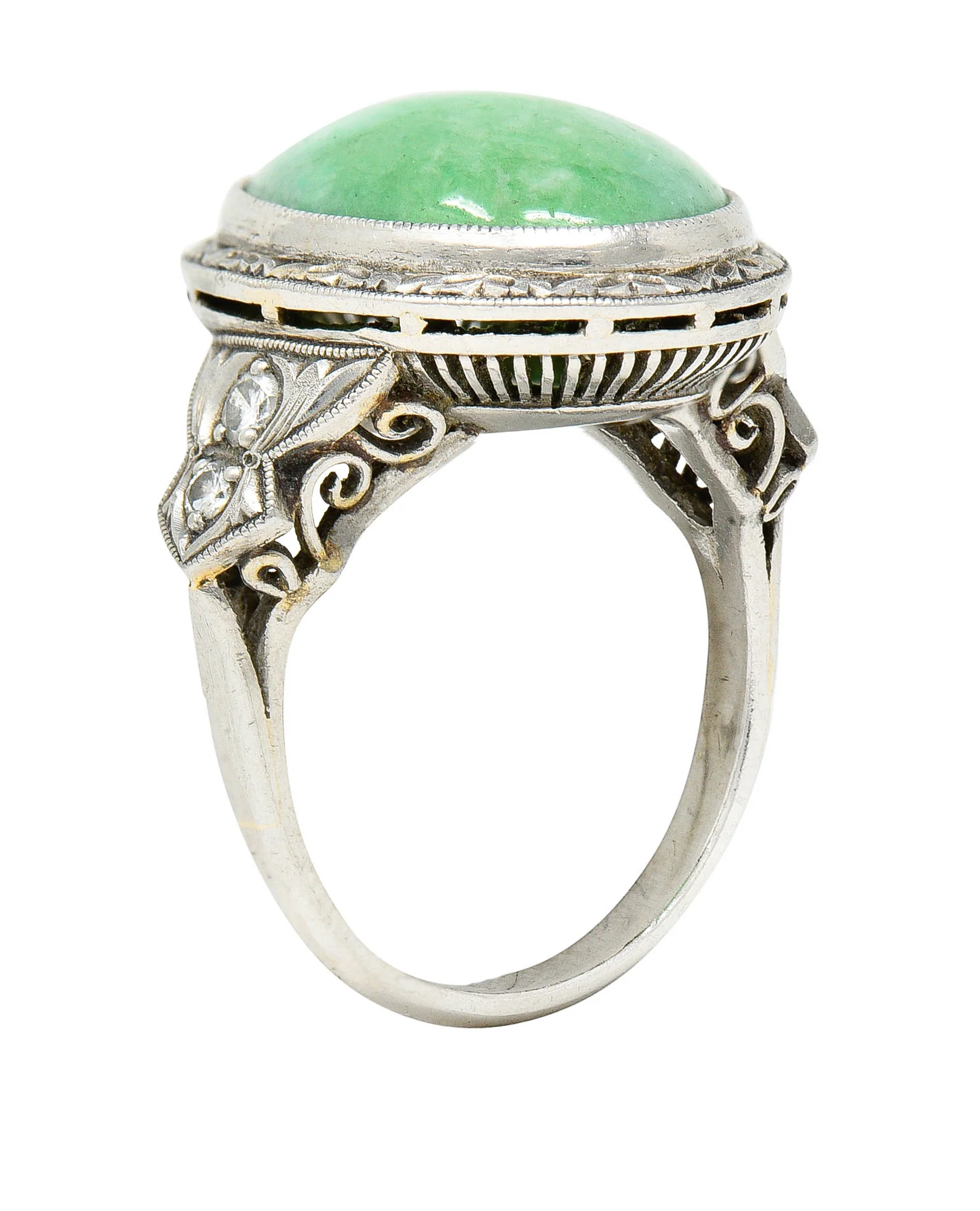 Art Deco Jade Diamond Platinum Cabochon Ring - Image 2