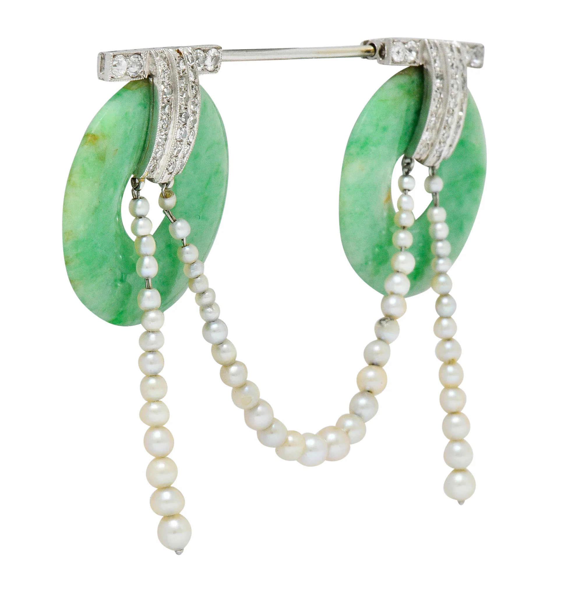 Art Deco Jade Pearl 1.44 CTW Diamond Platinum Bi Jabot Brooch - Image 3