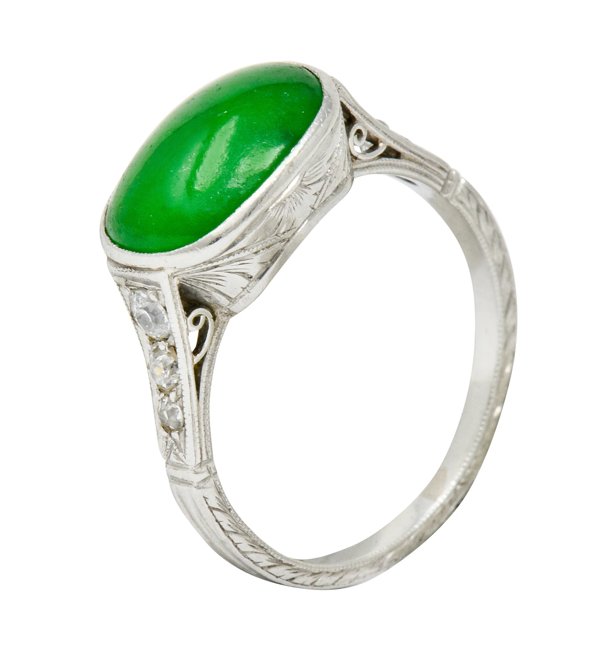 Art Deco Jadeite Jade Diamond Platinum Cabochon Ring GIA - Image 10