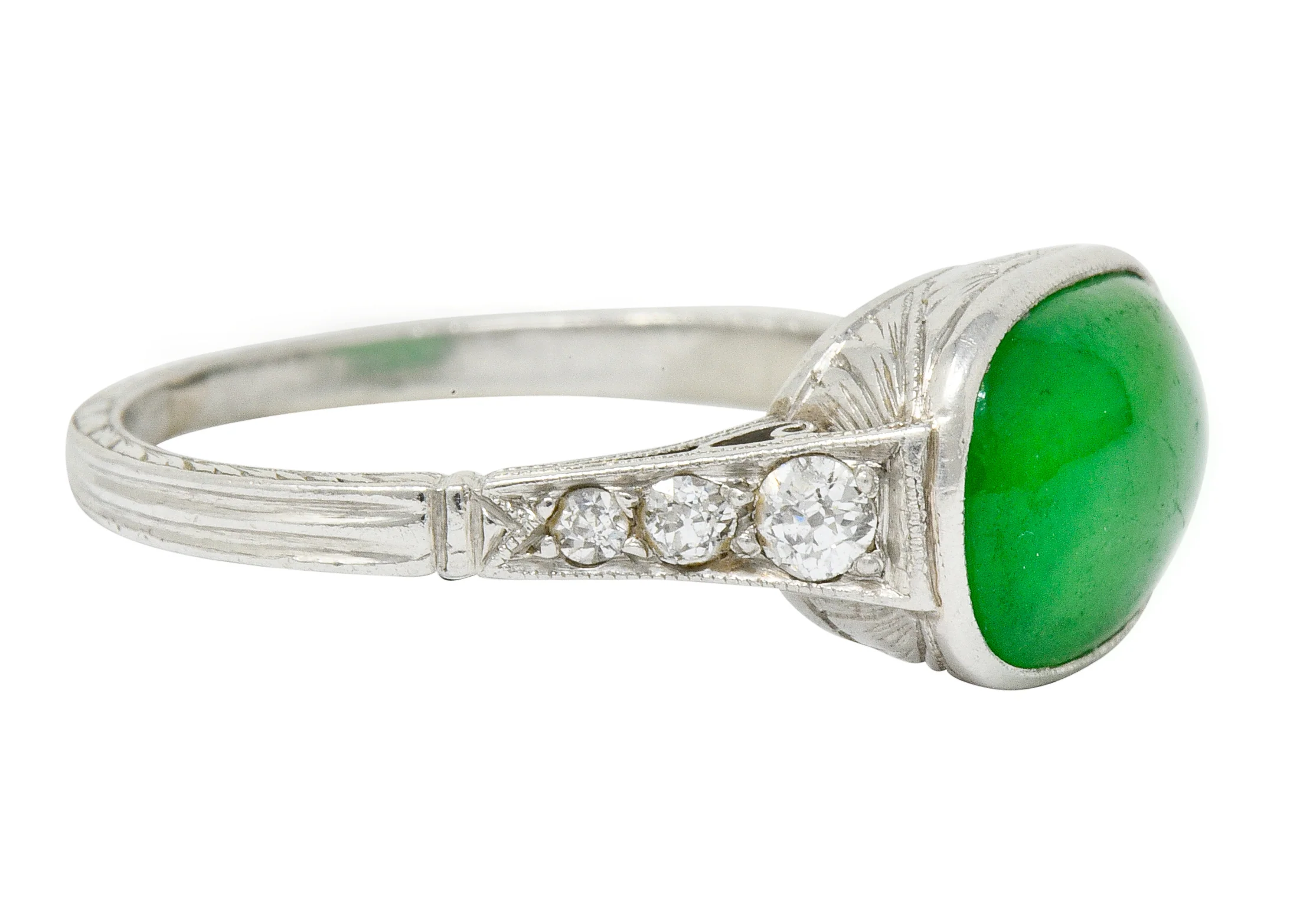 Art Deco Jadeite Jade Diamond Platinum Cabochon Ring GIA - Image 2