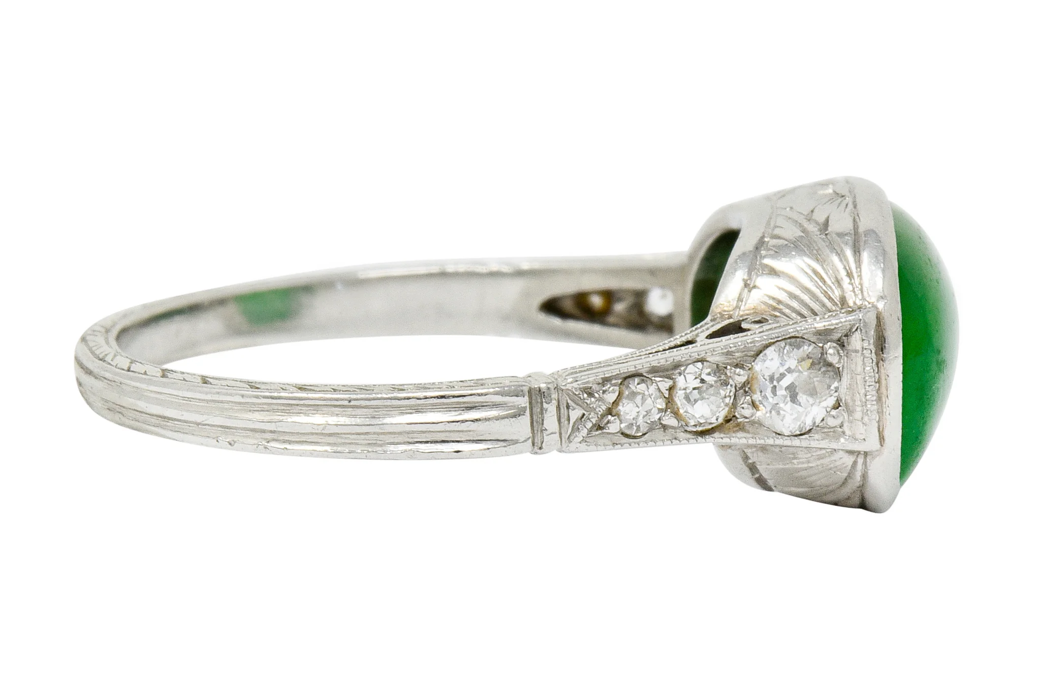 Art Deco Jadeite Jade Diamond Platinum Cabochon Ring GIA - Image 3