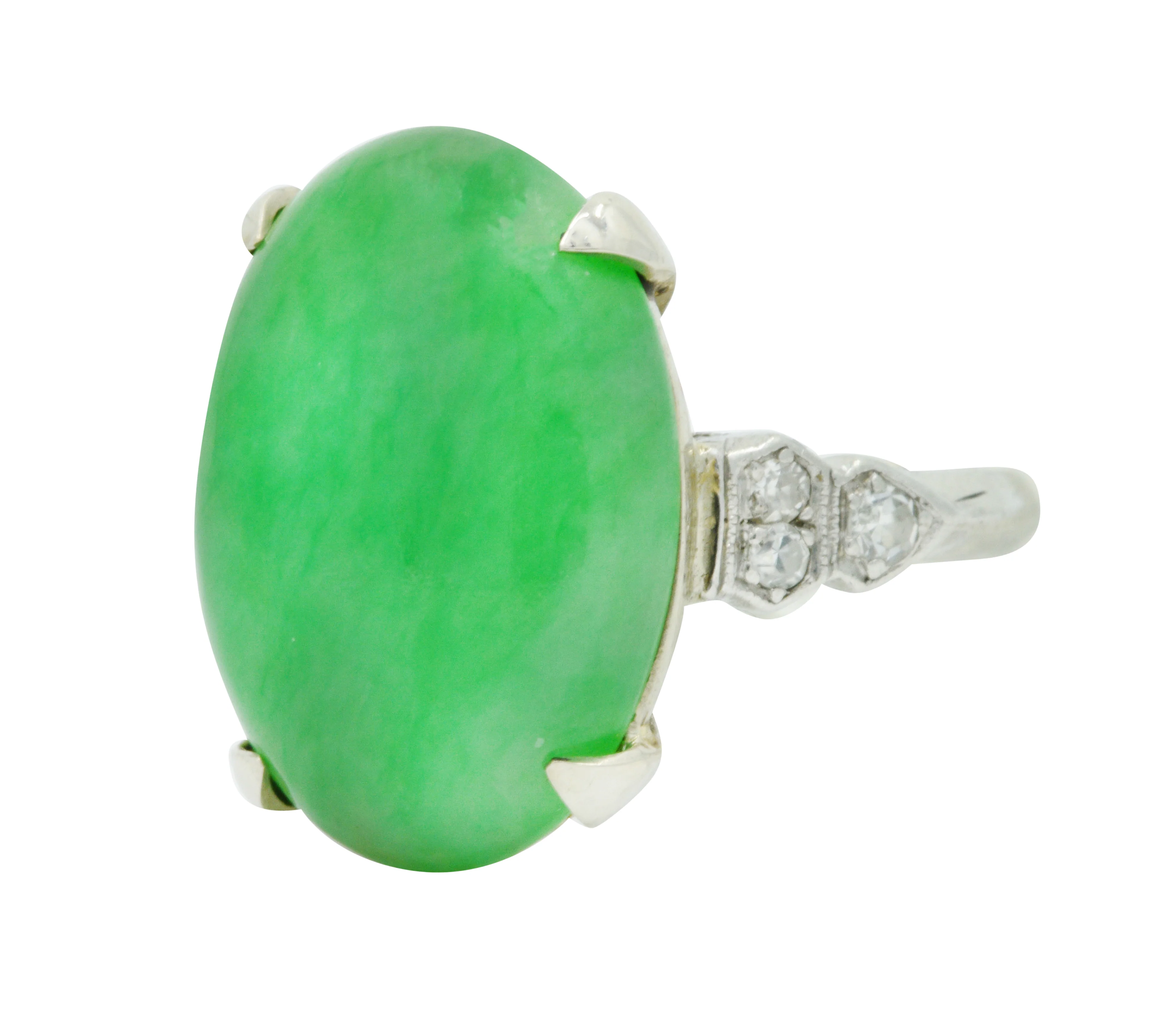 Art Deco Jadeite Jade Diamond Platinum Cabochon Ring GIA - Image 5