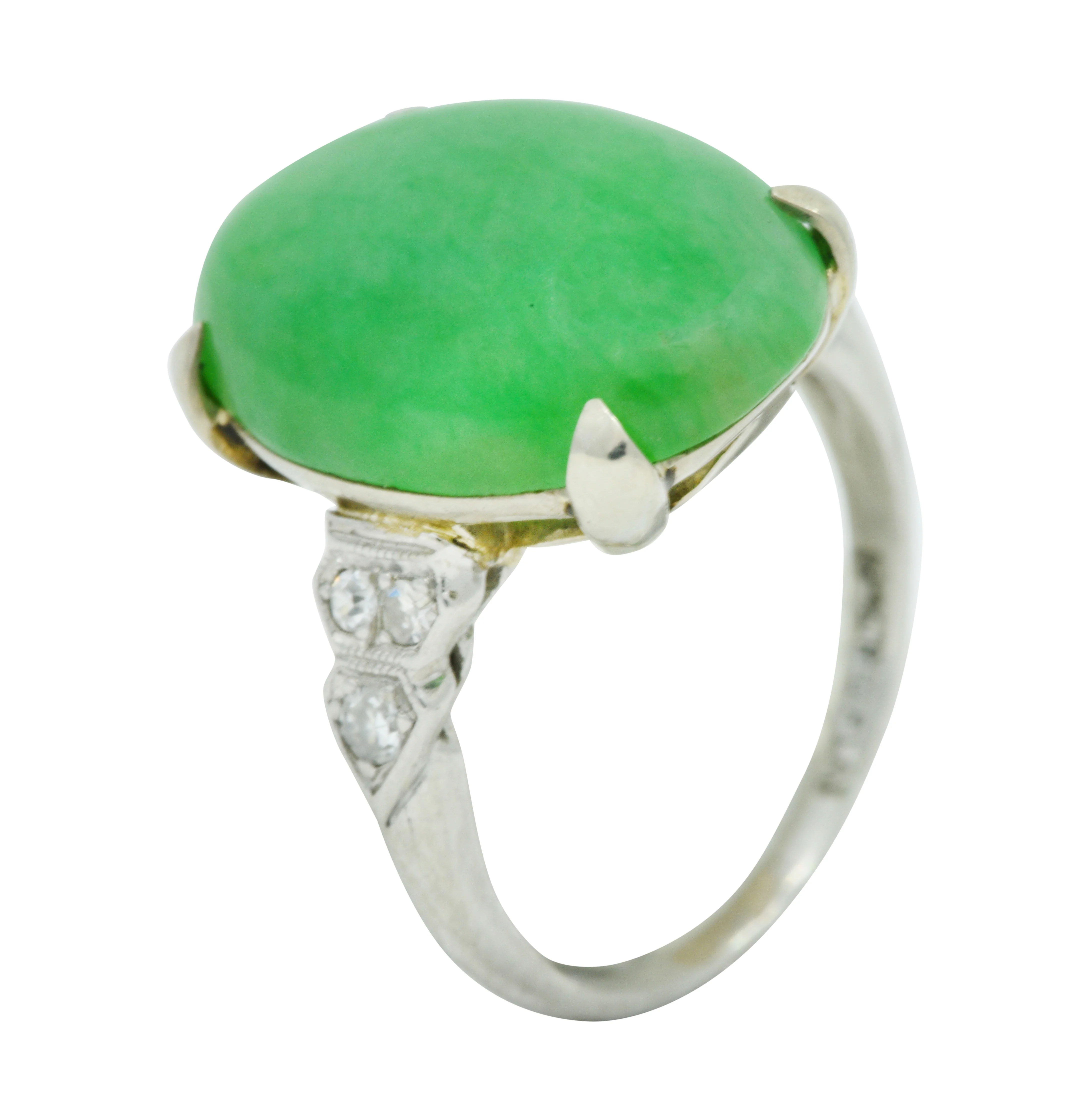 Art Deco Jadeite Jade Diamond Platinum Cabochon Ring GIA - Image 8