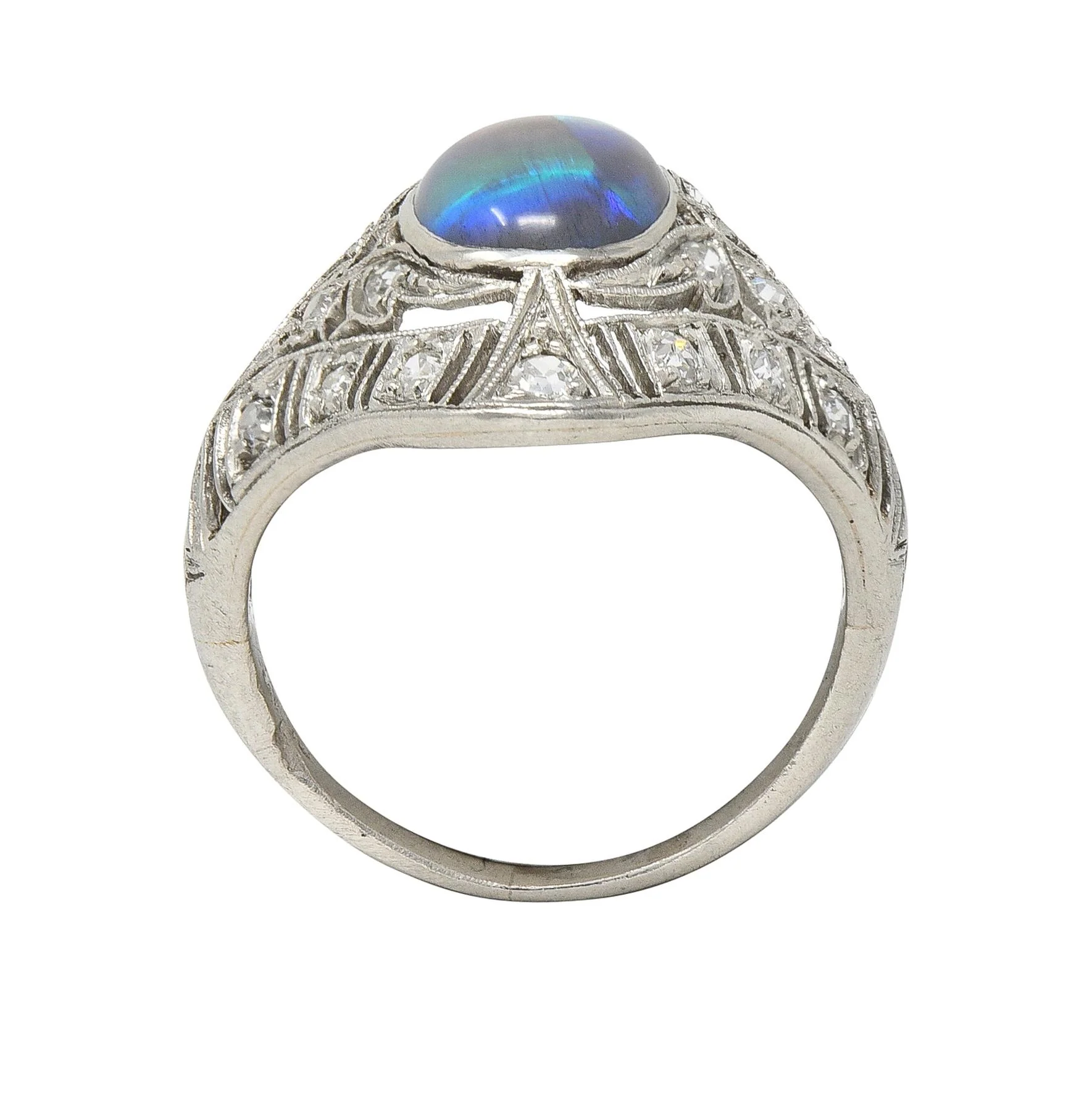 Art Deco Jelly Opal Cabochon Diamond Platinum Lotus Vintage Filigree Dinner Ring - Image 10
