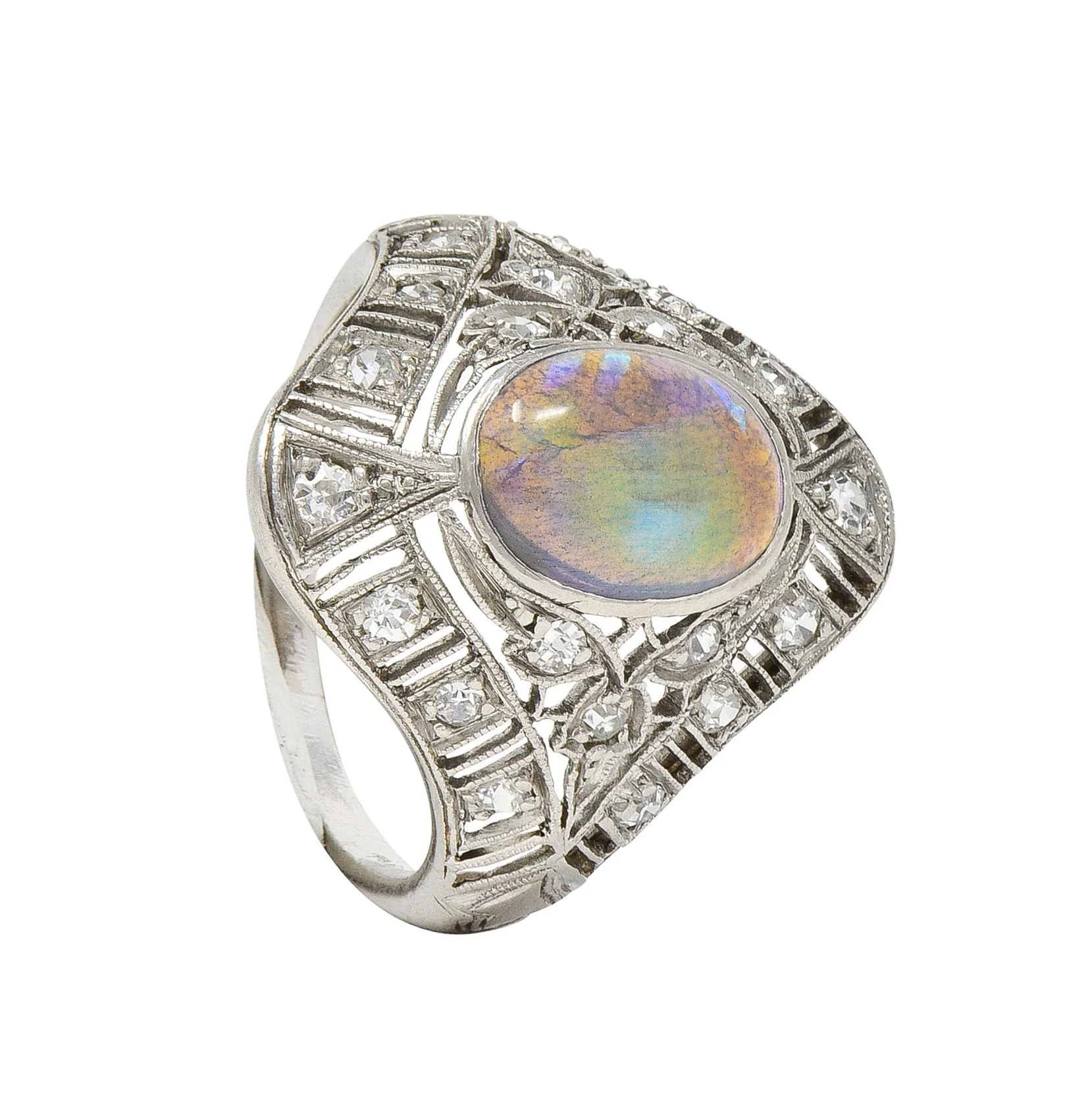 Art Deco Jelly Opal Cabochon Diamond Platinum Lotus Vintage Filigree Dinner Ring - Image 11