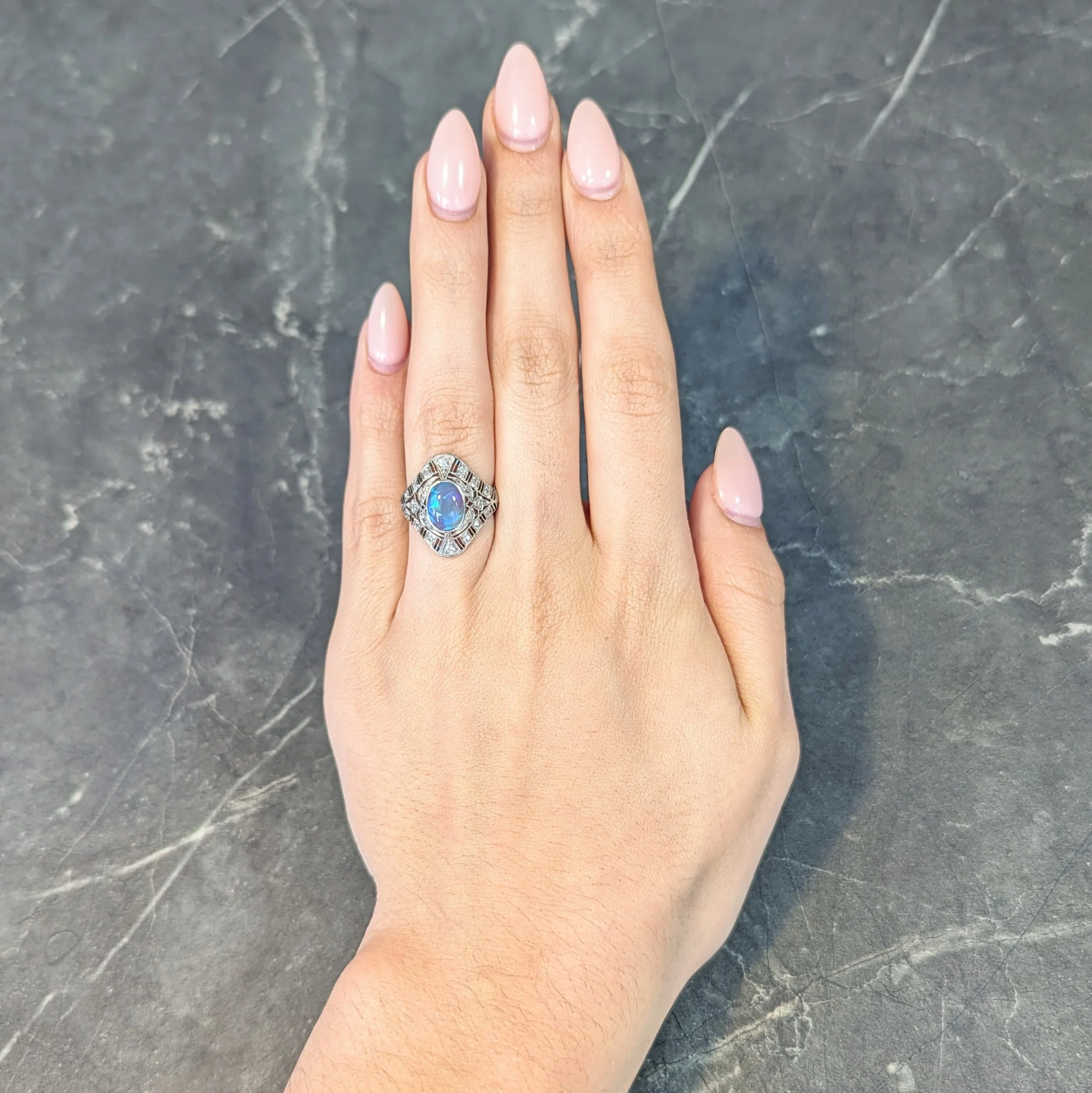 Art Deco Jelly Opal Cabochon Diamond Platinum Lotus Vintage Filigree Dinner Ring - Image 12