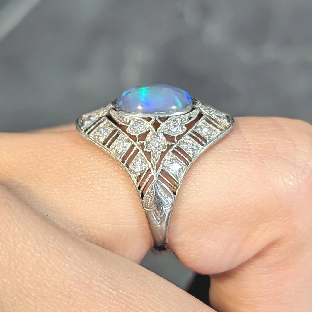 Art Deco Jelly Opal Cabochon Diamond Platinum Lotus Vintage Filigree Dinner Ring - Image 14