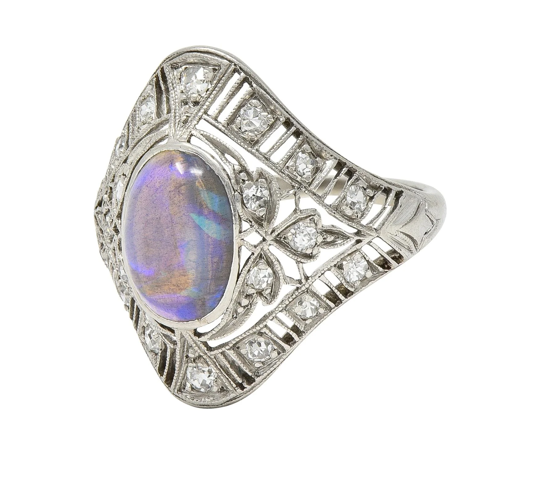 Art Deco Jelly Opal Cabochon Diamond Platinum Lotus Vintage Filigree Dinner Ring - Image 6