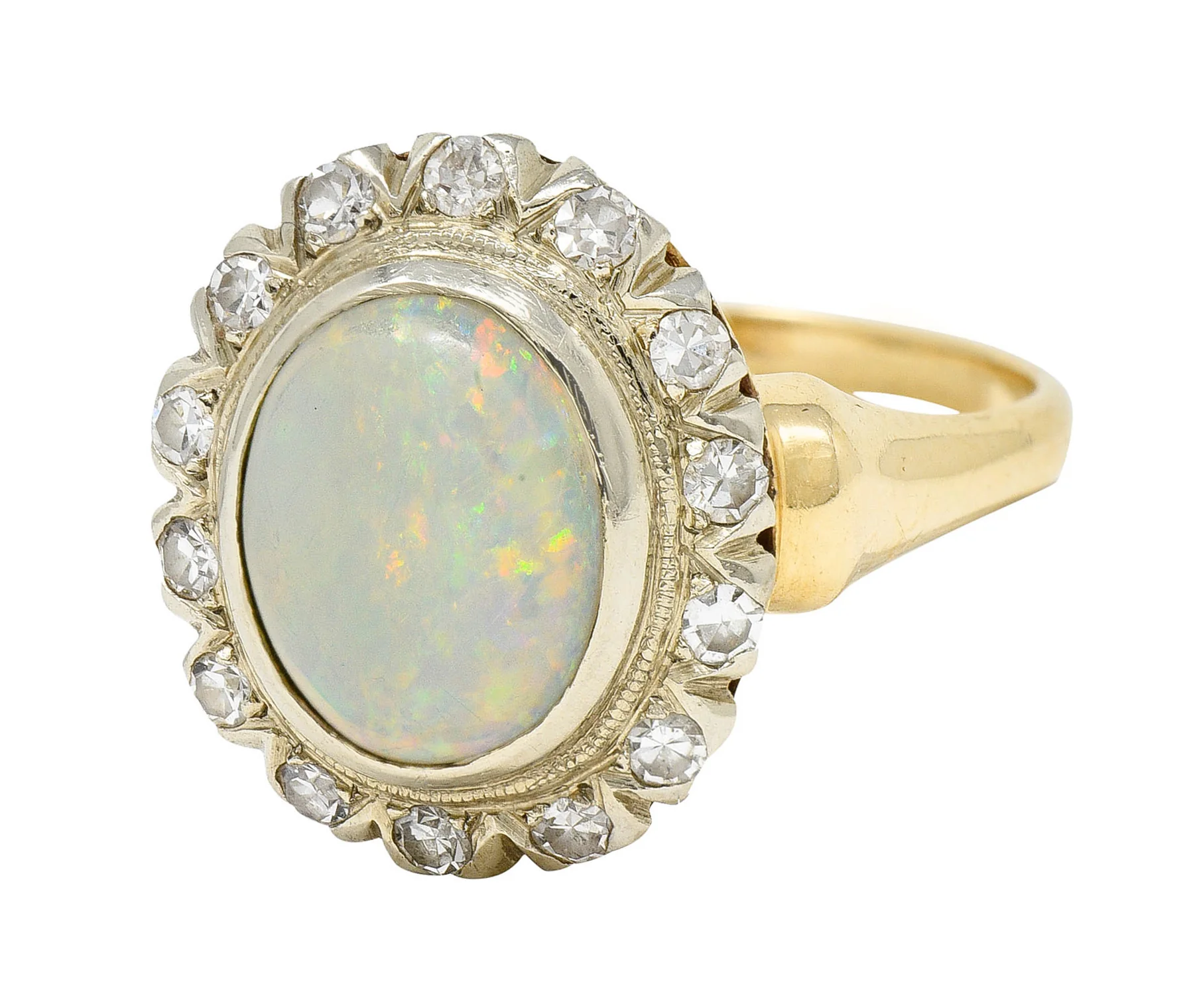 Art Deco Jelly Opal Diamond 14 Karat Two-Tone Gold Cluster Ring - Image 6