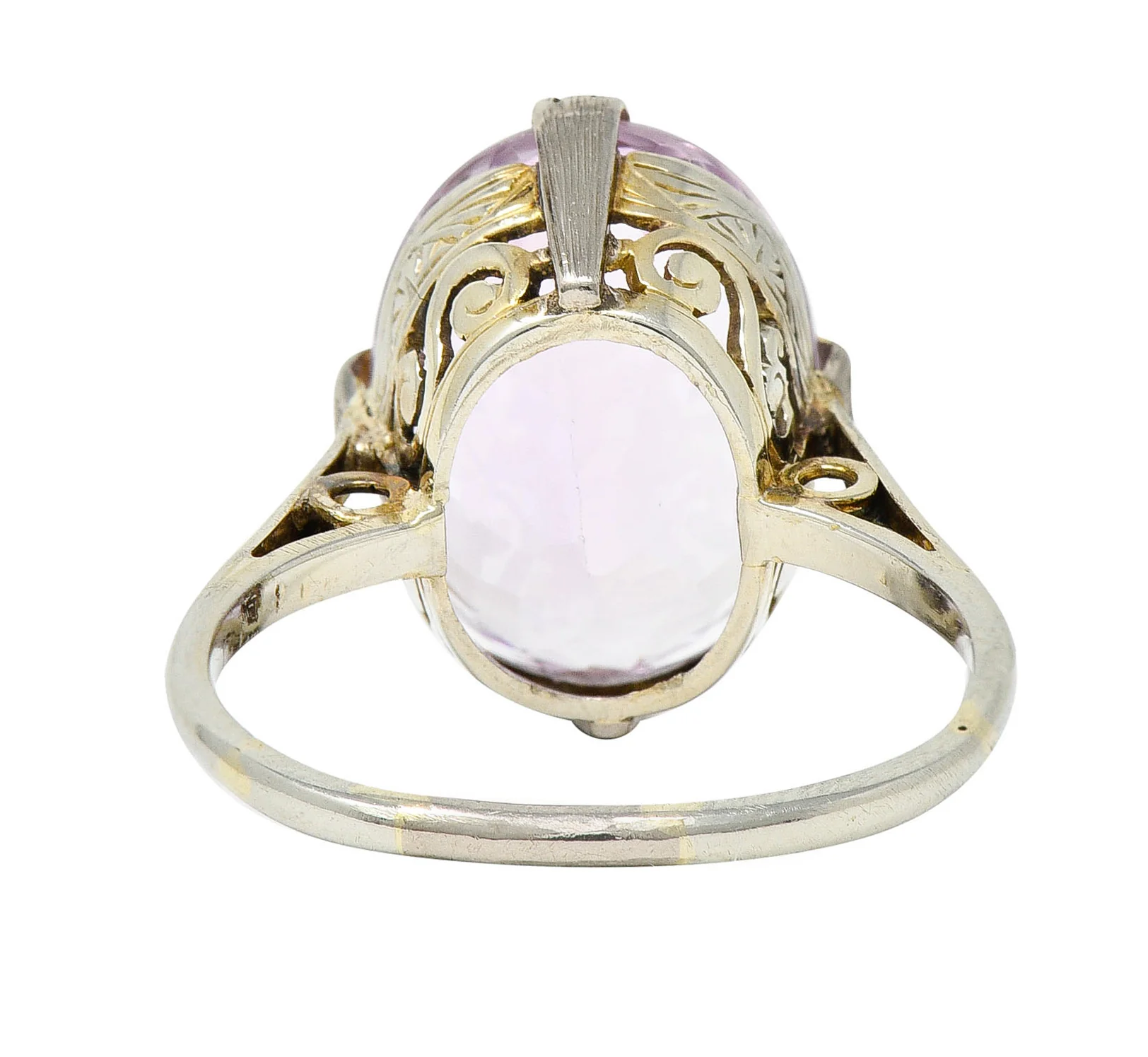 Art Deco Kunzite 18 Karat White Gold Scrolled Gemstone Ring - Image 4