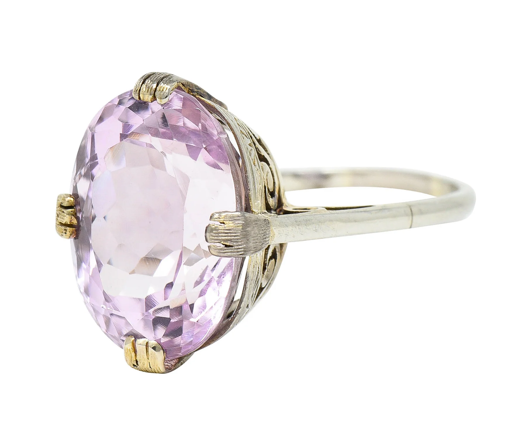 Art Deco Kunzite 18 Karat White Gold Scrolled Gemstone Ring - Image 6